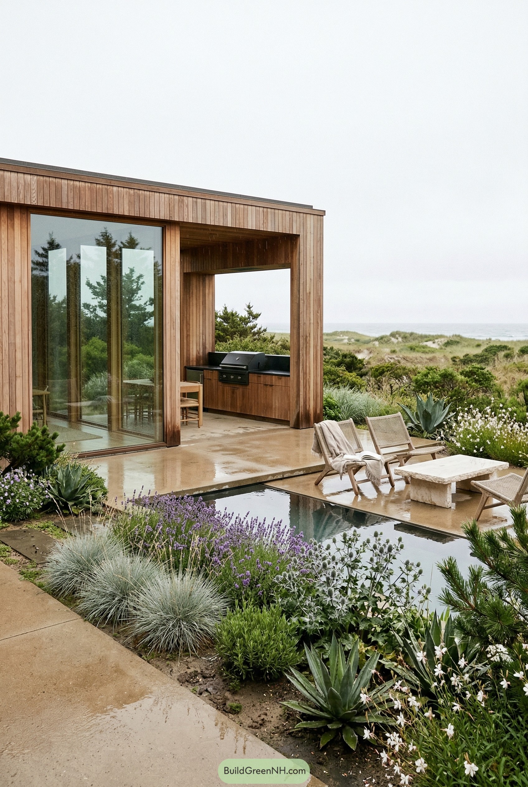 Wood clad patio with reflecting pool and dune views