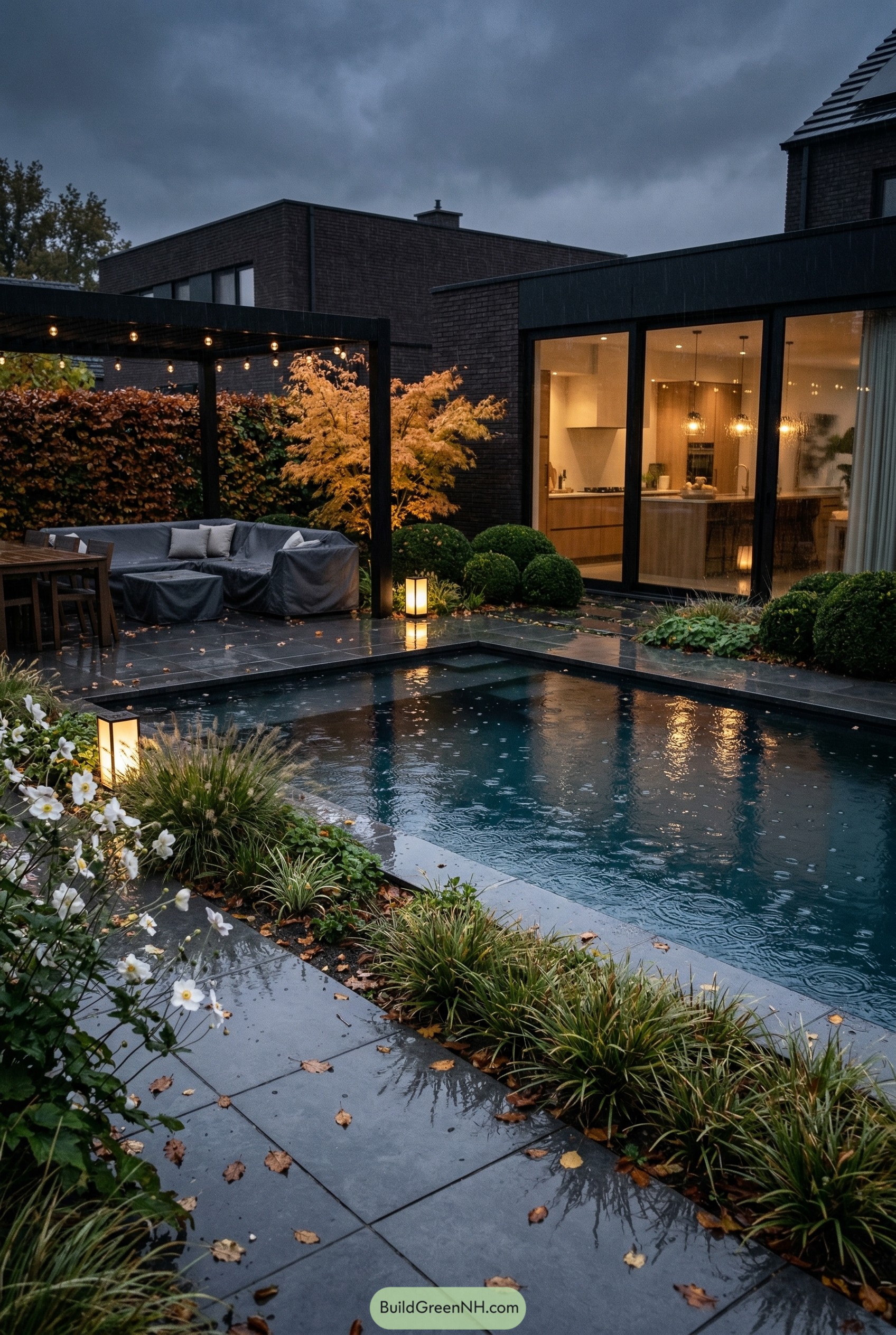 Modern courtyard pool in rainy evening with pergola