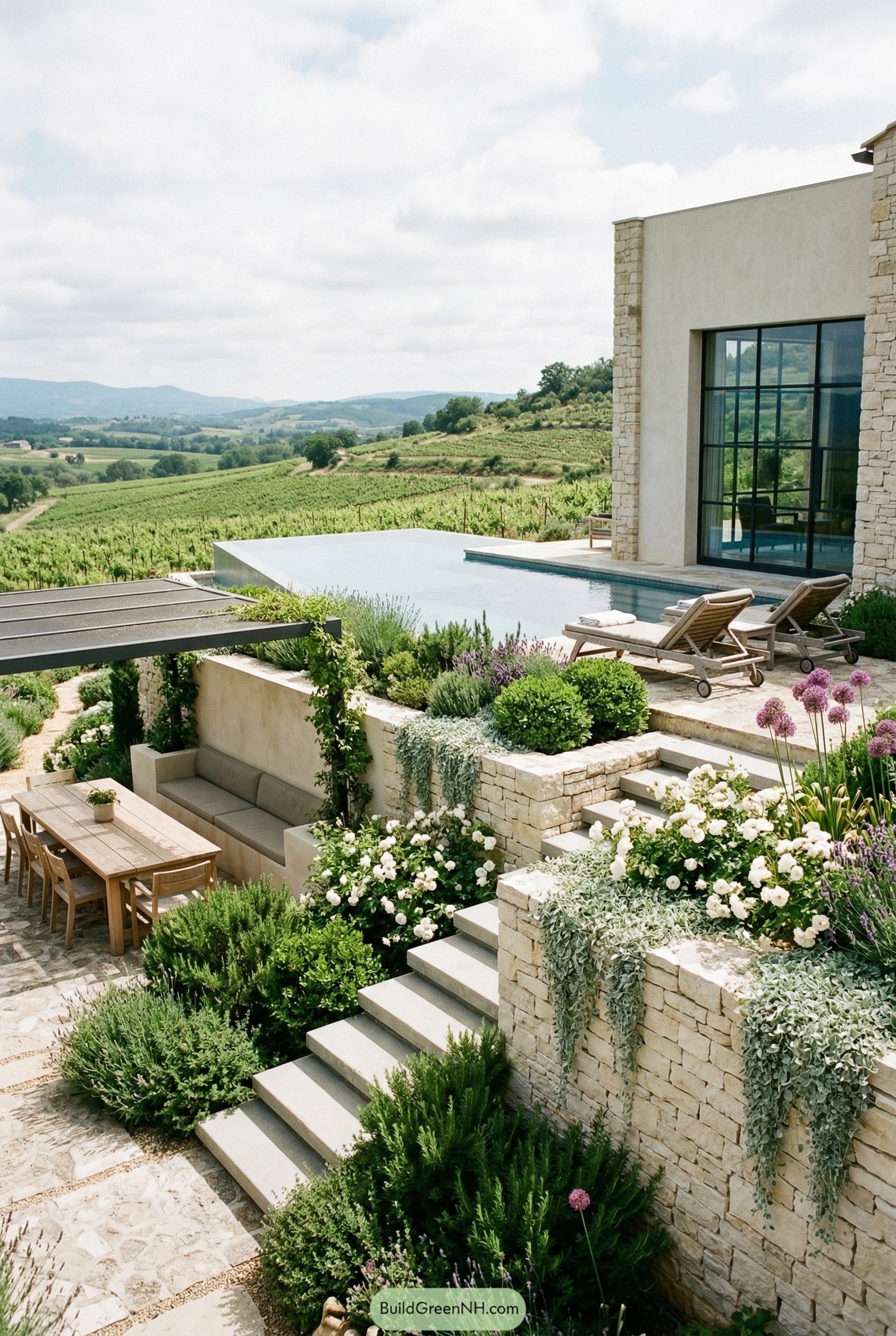 Terraced infinity pool beside a stone villa overlooking vineyards