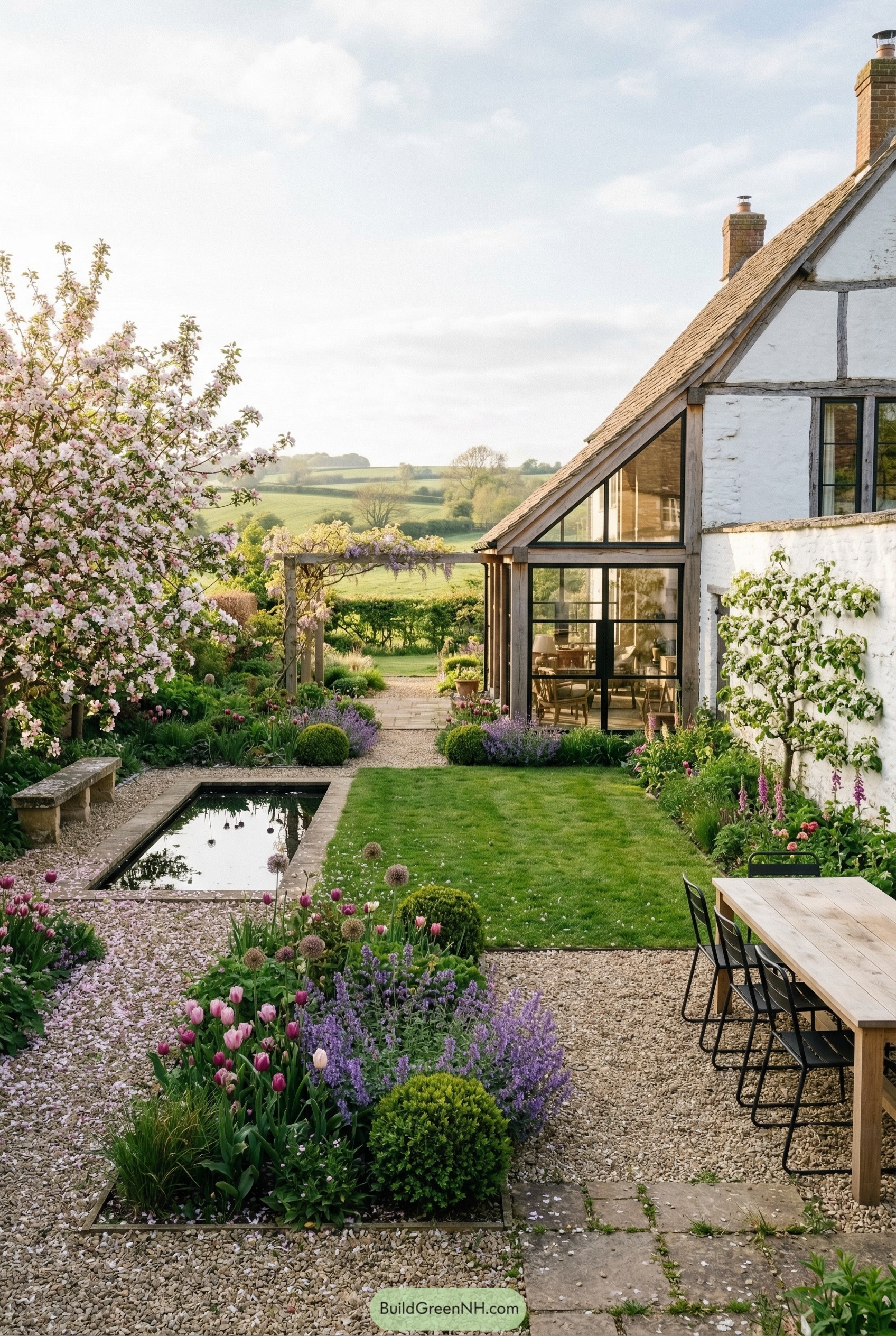 Country garden with reflecting pool and gravel terrace