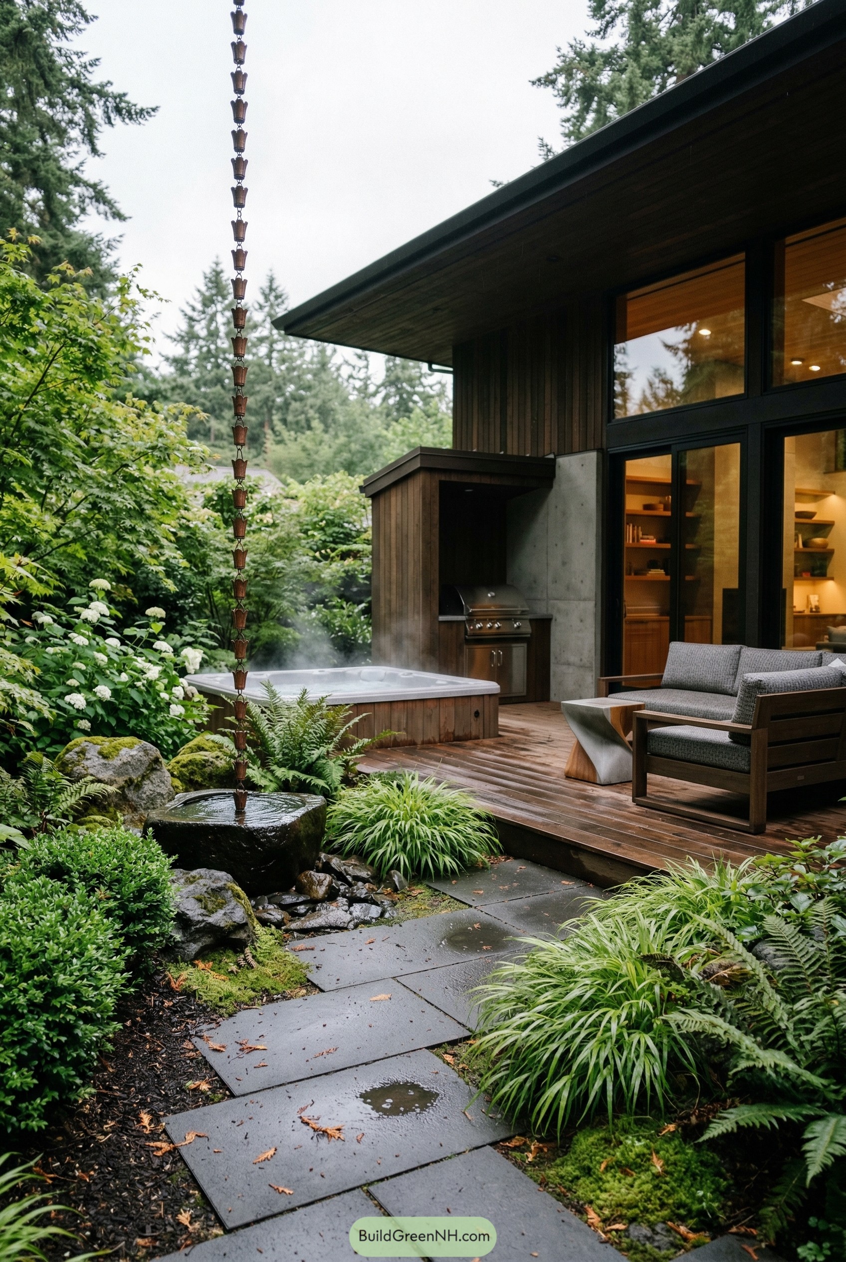 Modern wood deck with hot tub in lush garden