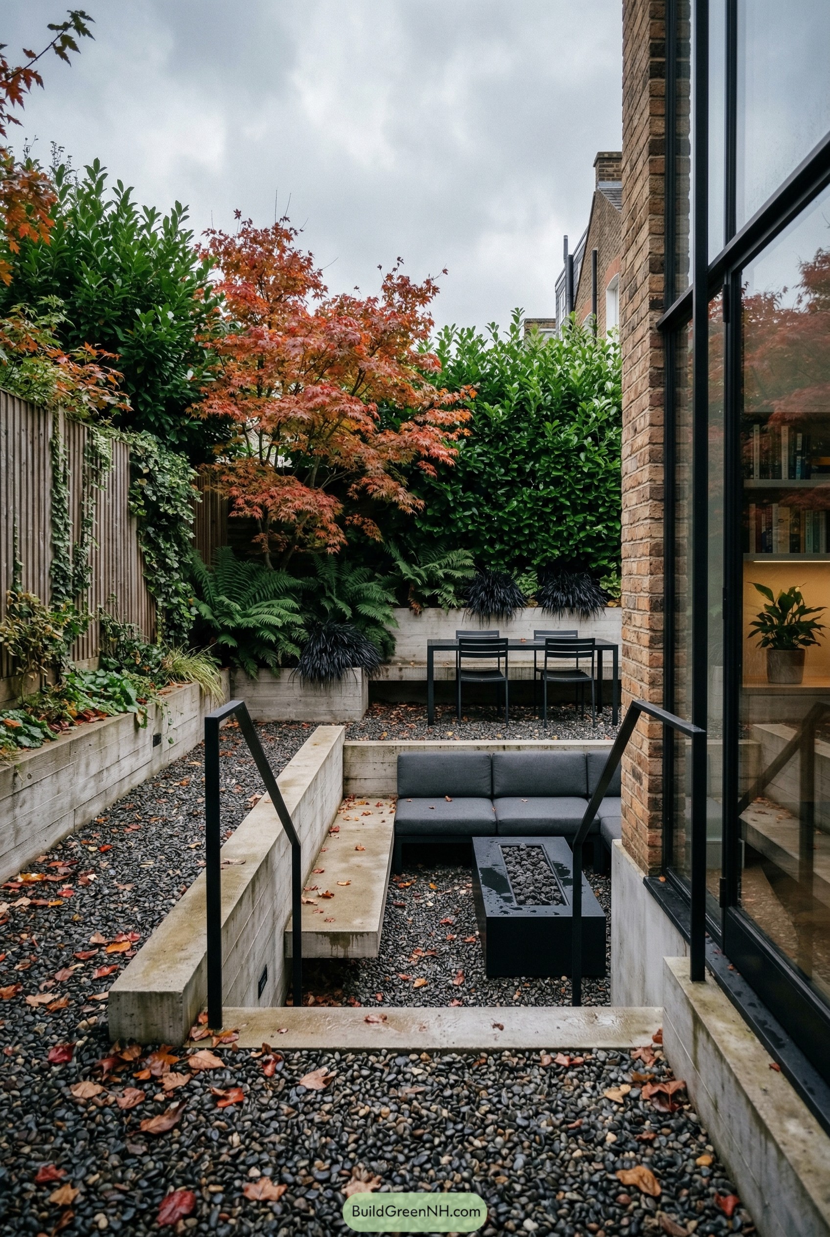Sunken gravel courtyard with maple and fire table