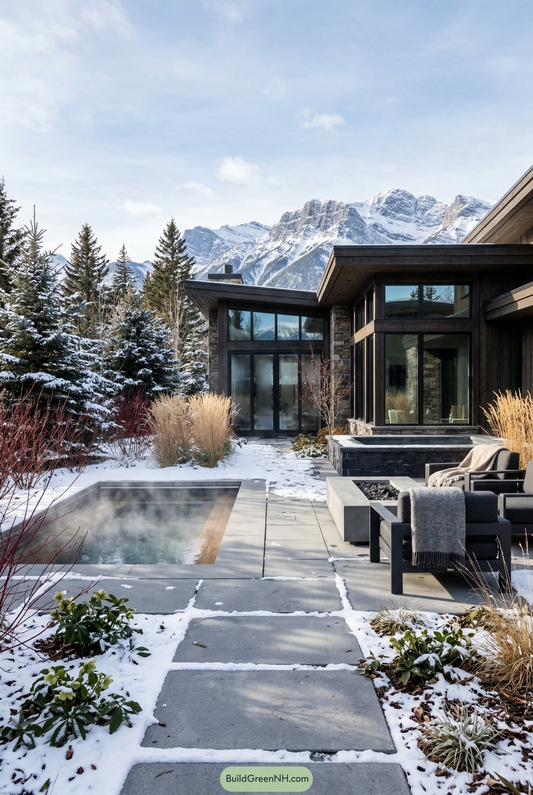 Modern snowy patio with steaming plunge pool