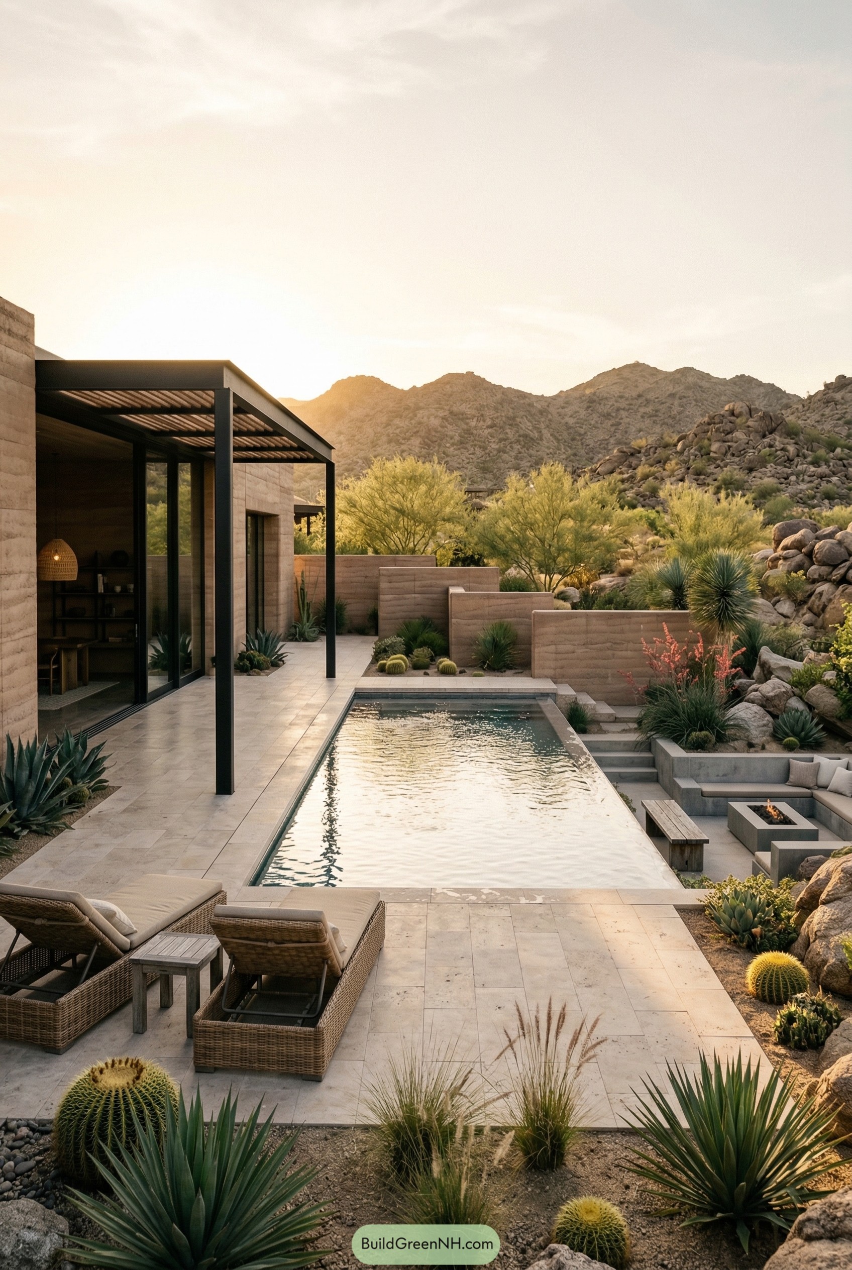 Modern desert patio with narrow pool and fire pit