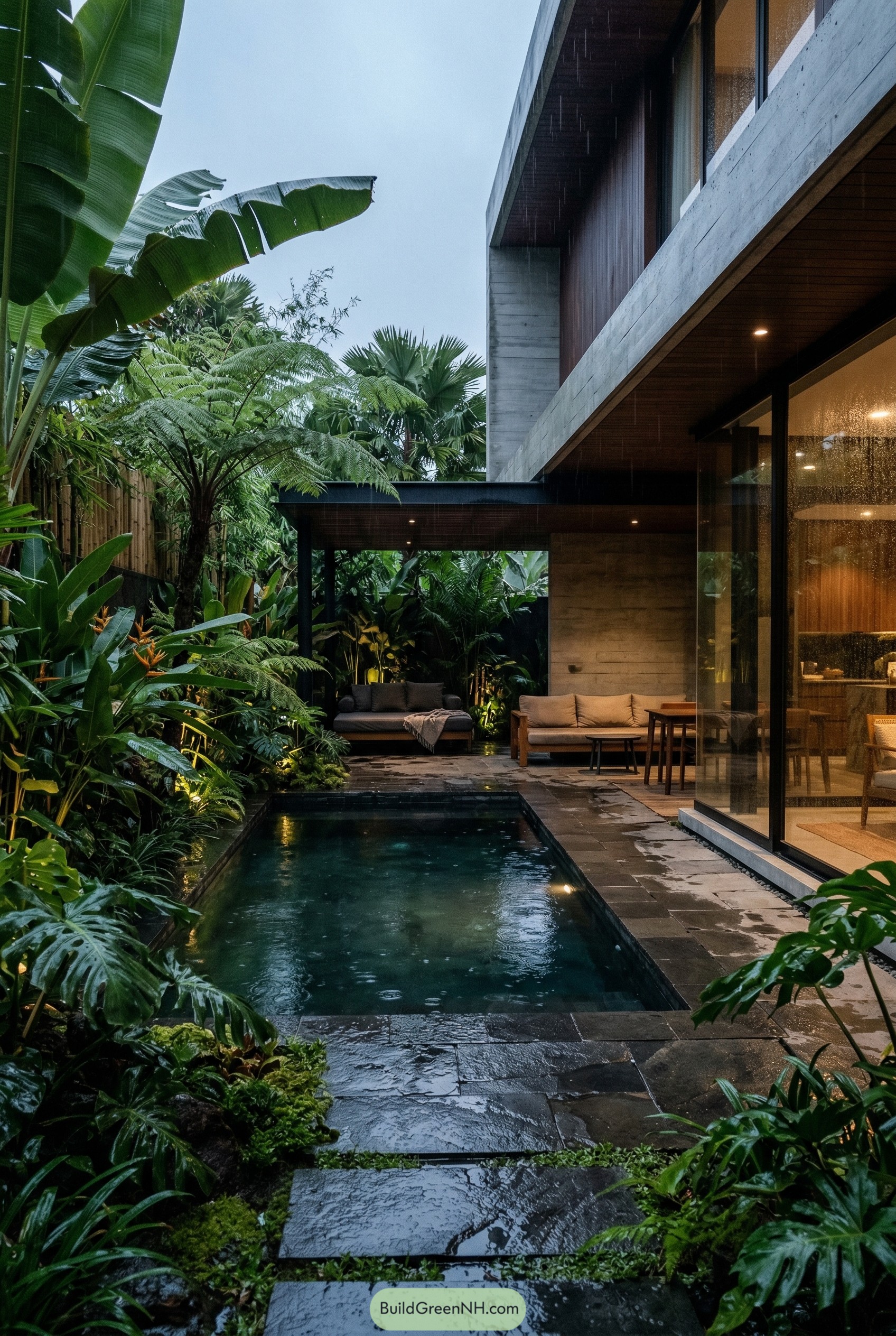 Rainy tropical courtyard with narrow plunge pool