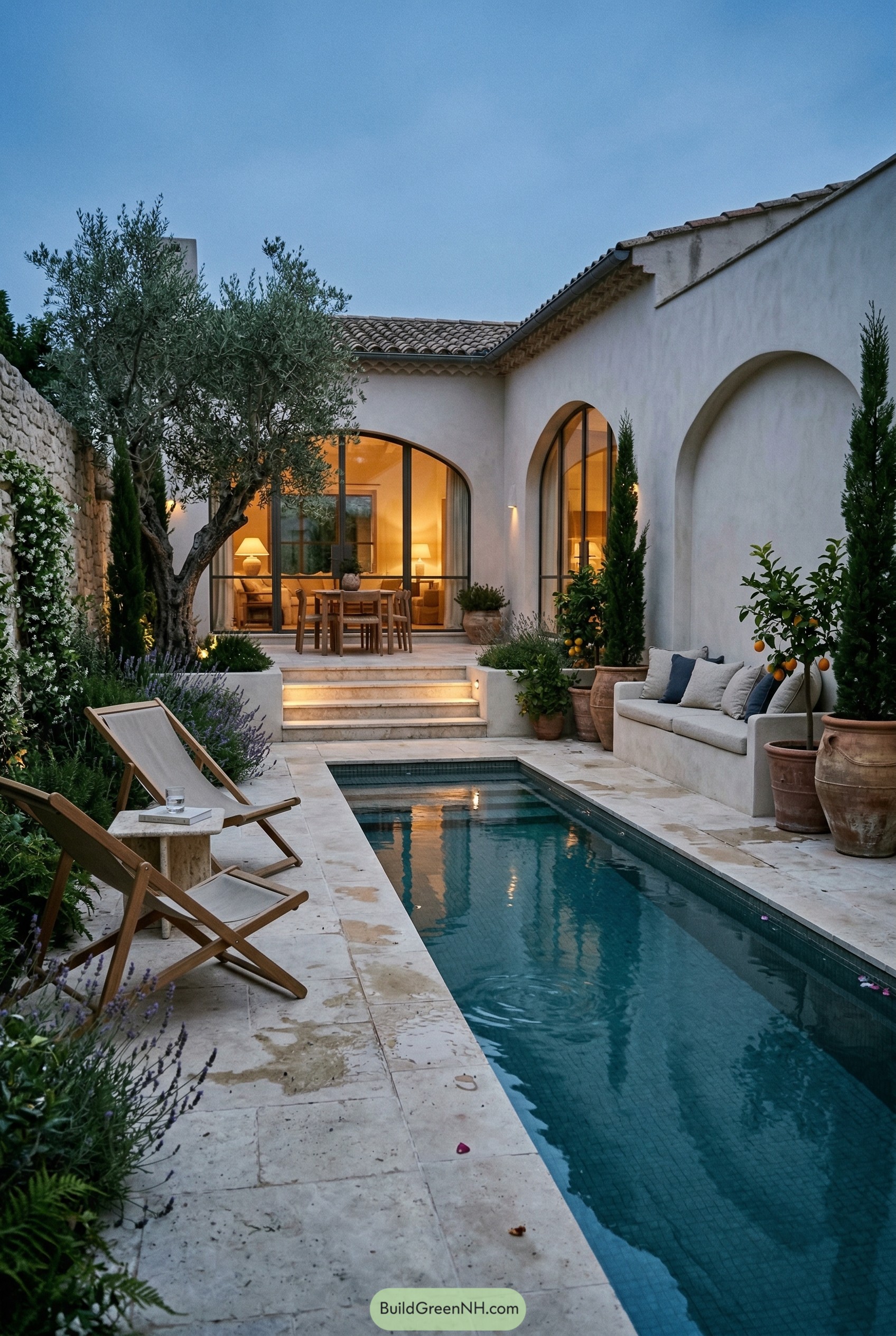 Mediterranean courtyard with narrow plunge pool