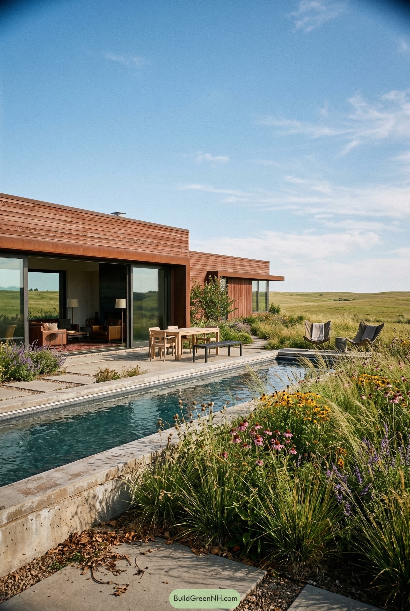 Modern lap pool beside meadow house