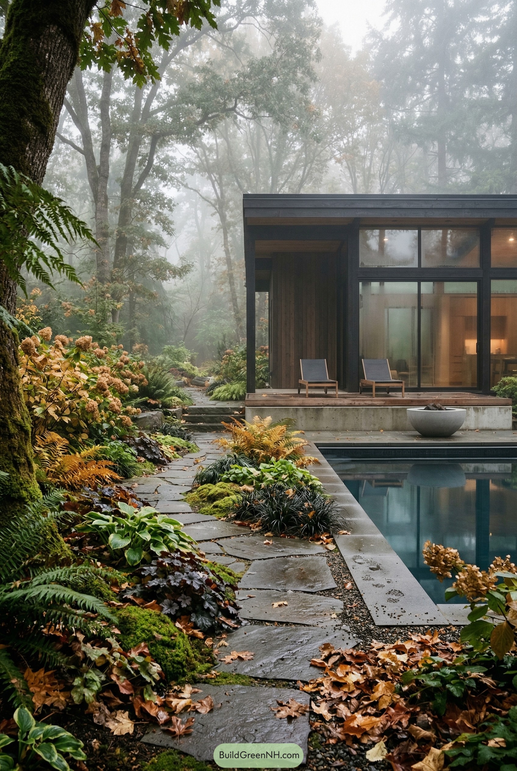 Modern woodland pool beside glass pavilion