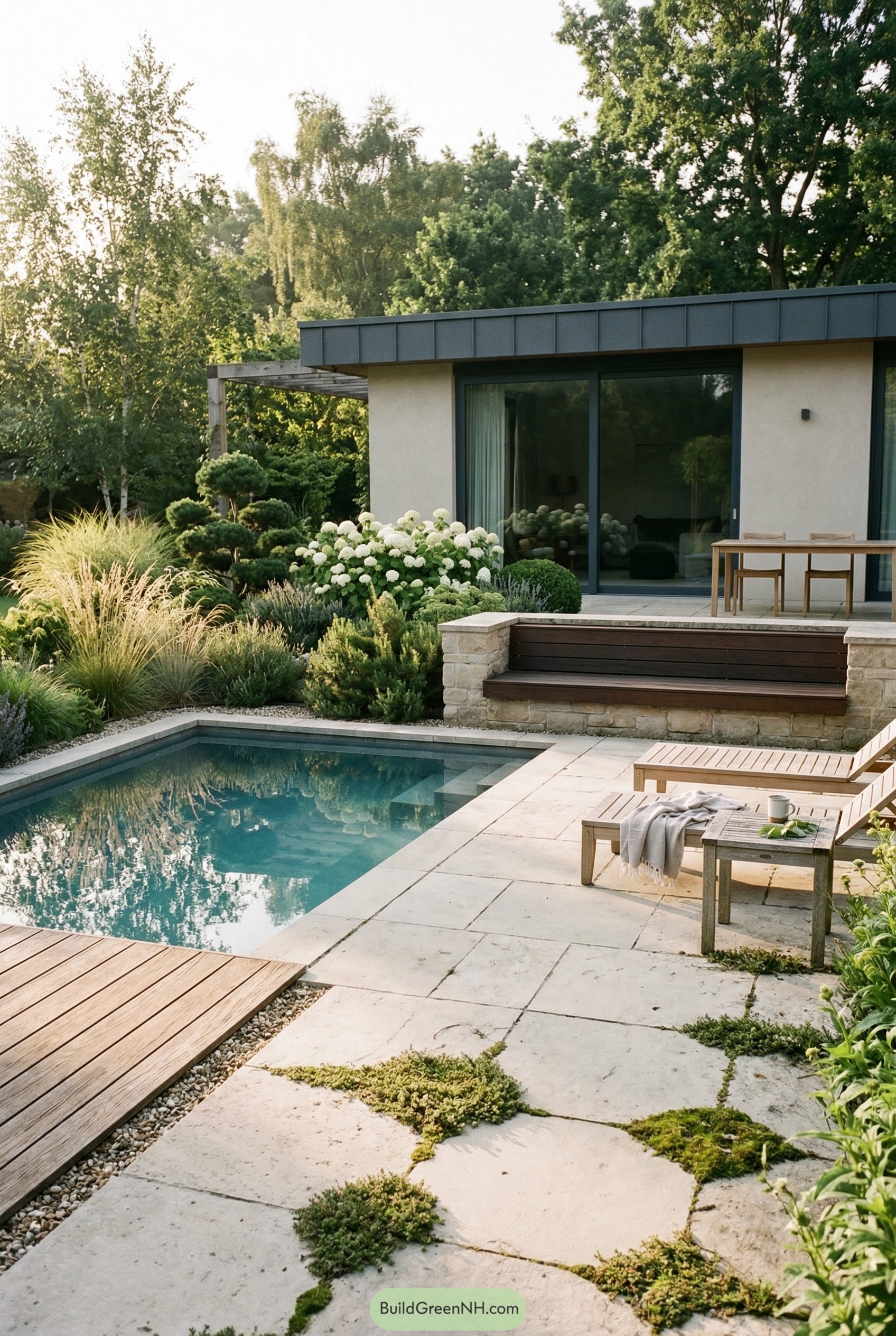 Modern backyard pool with stone patio