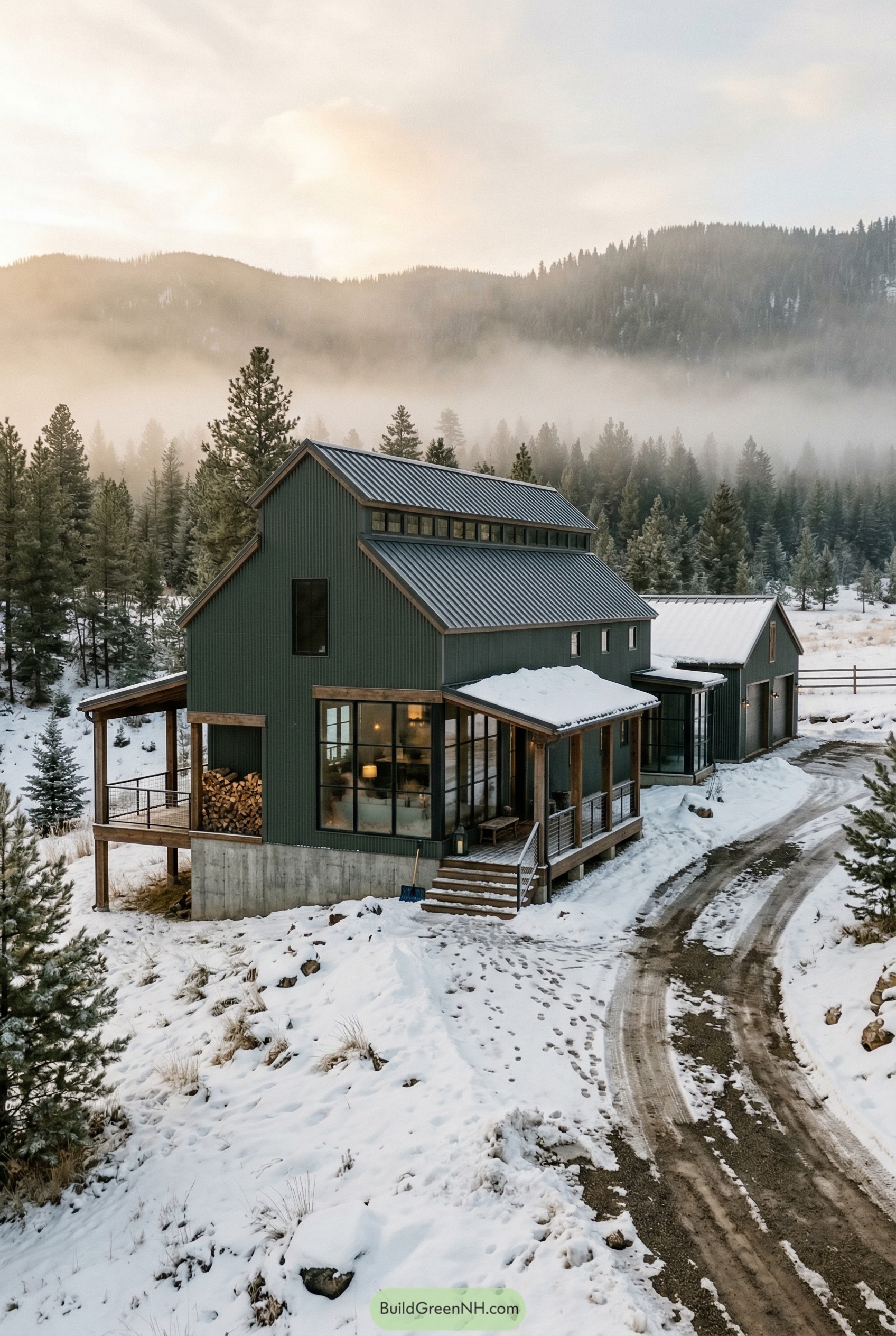 Green barndominium with monitor roof in snowy pines