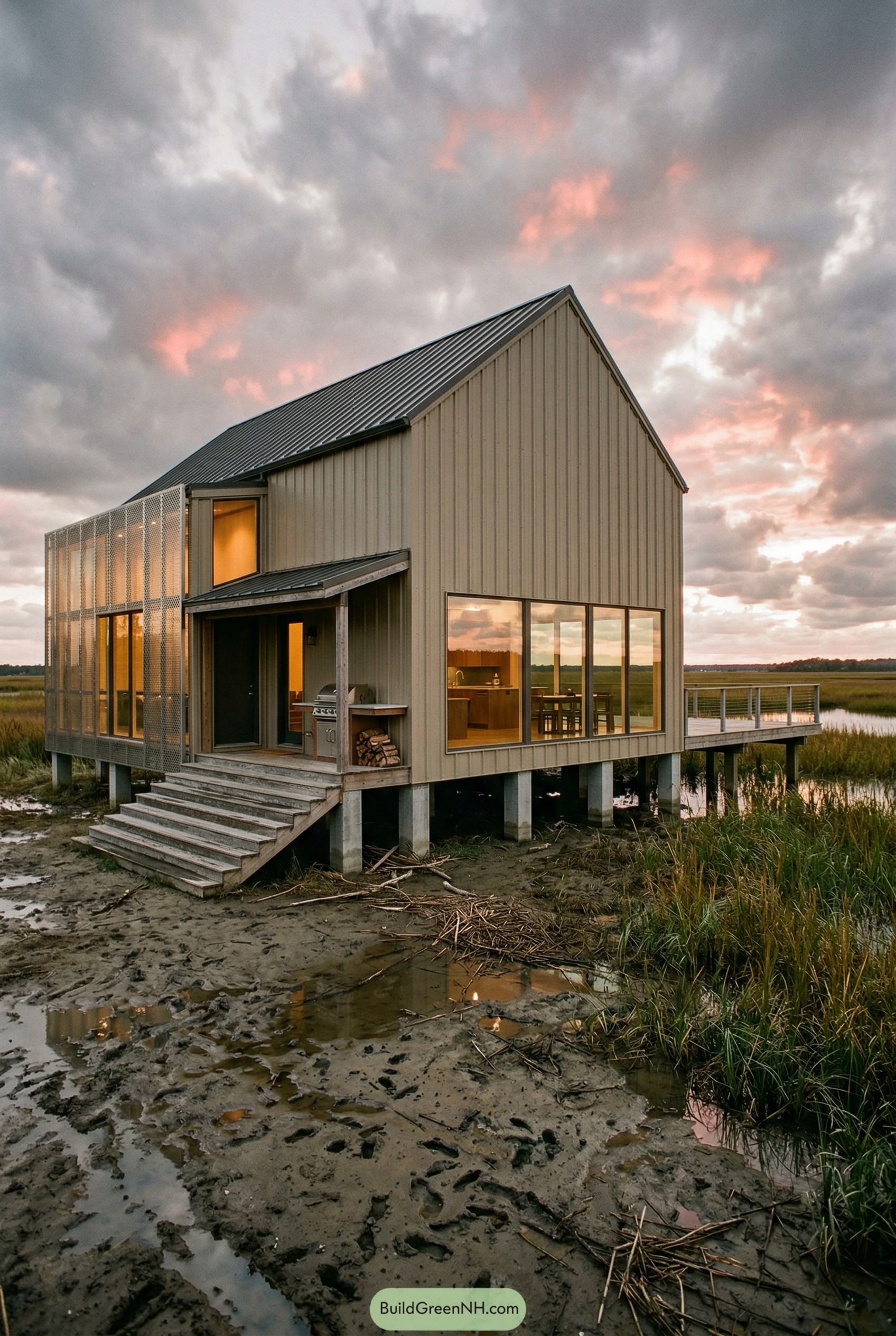 Stilted gabled barndominium with screened facade in marsh