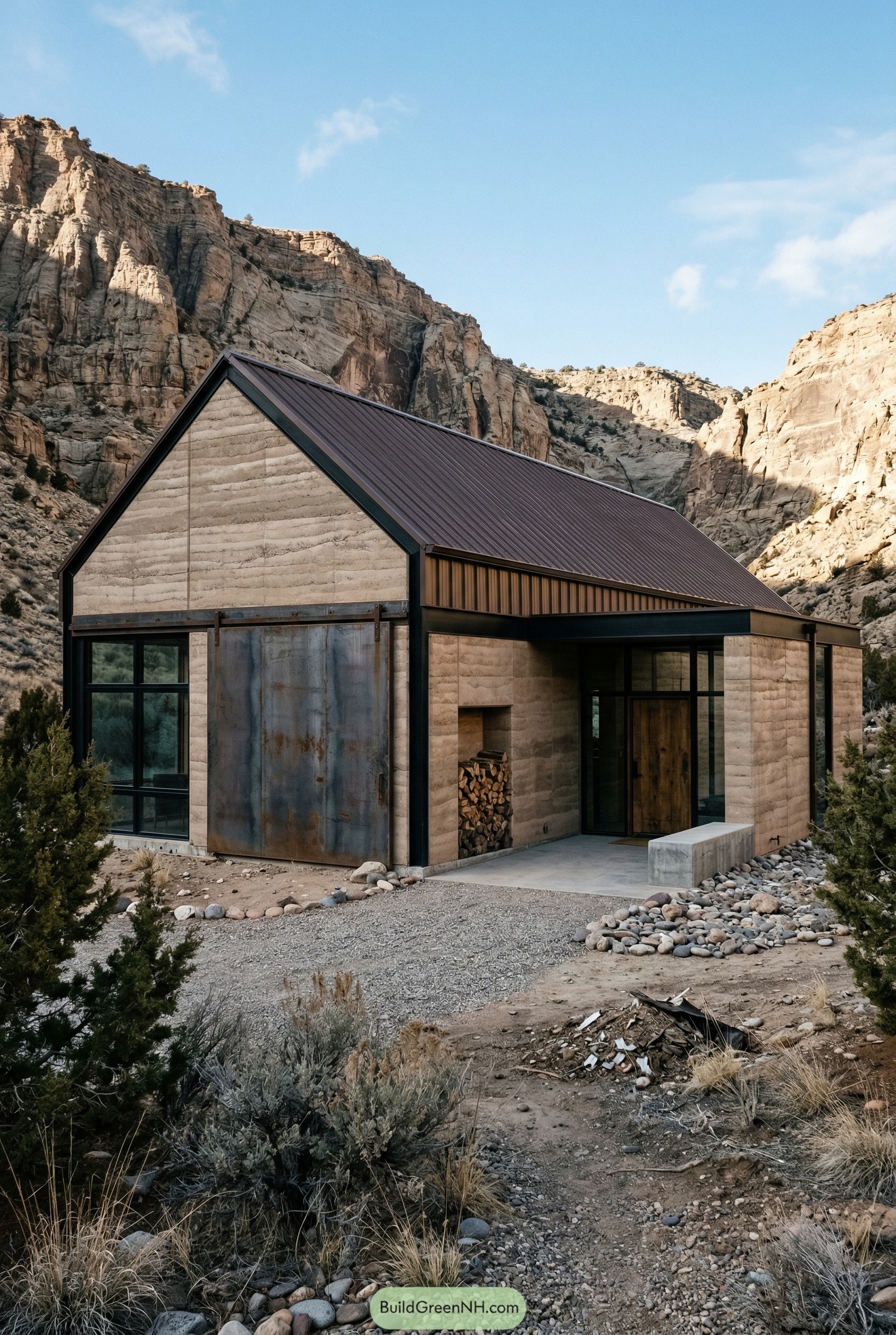 Modern rammed earth home with metal roof in rocky canyon