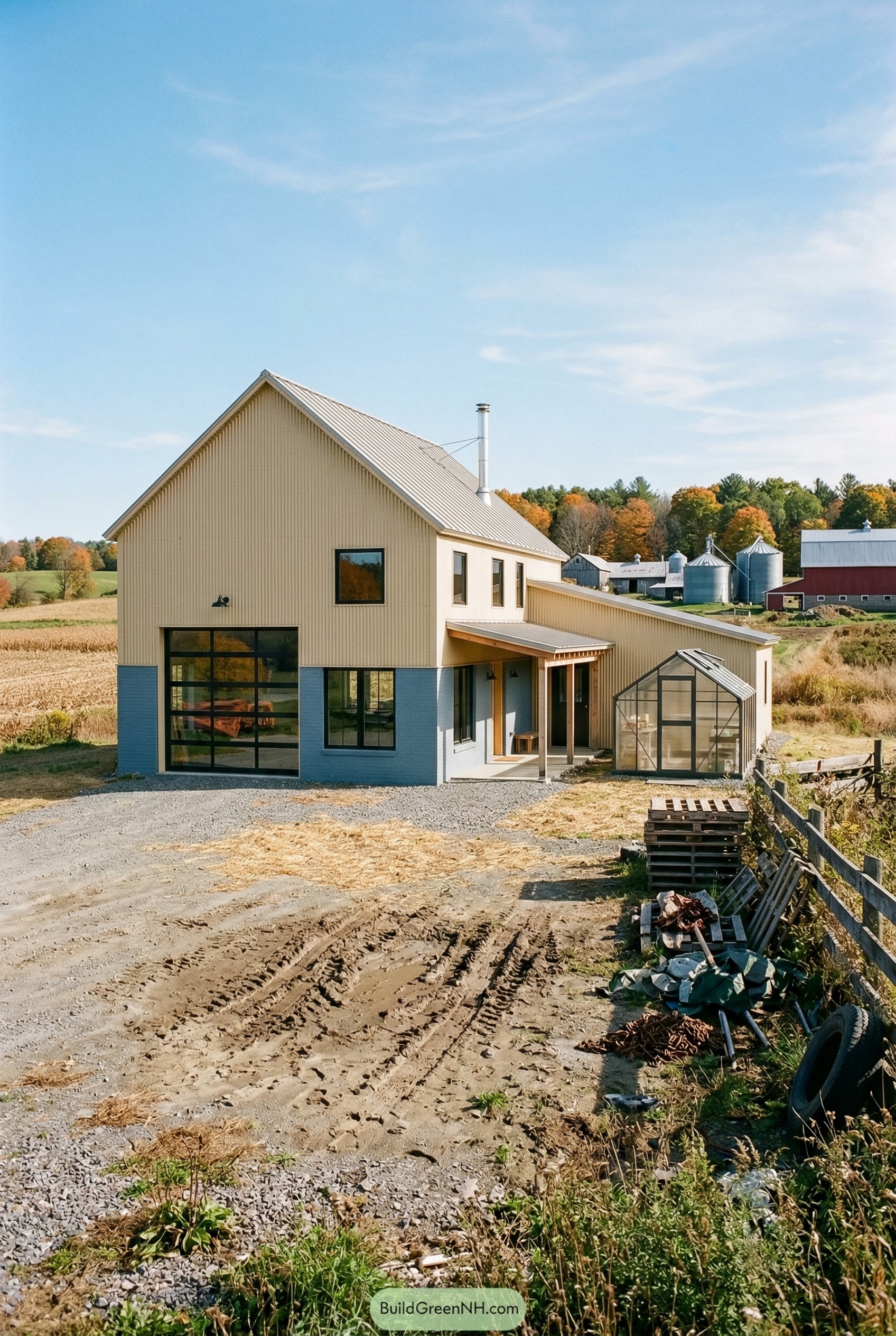 Modern beige barndominium with attached greenhouse