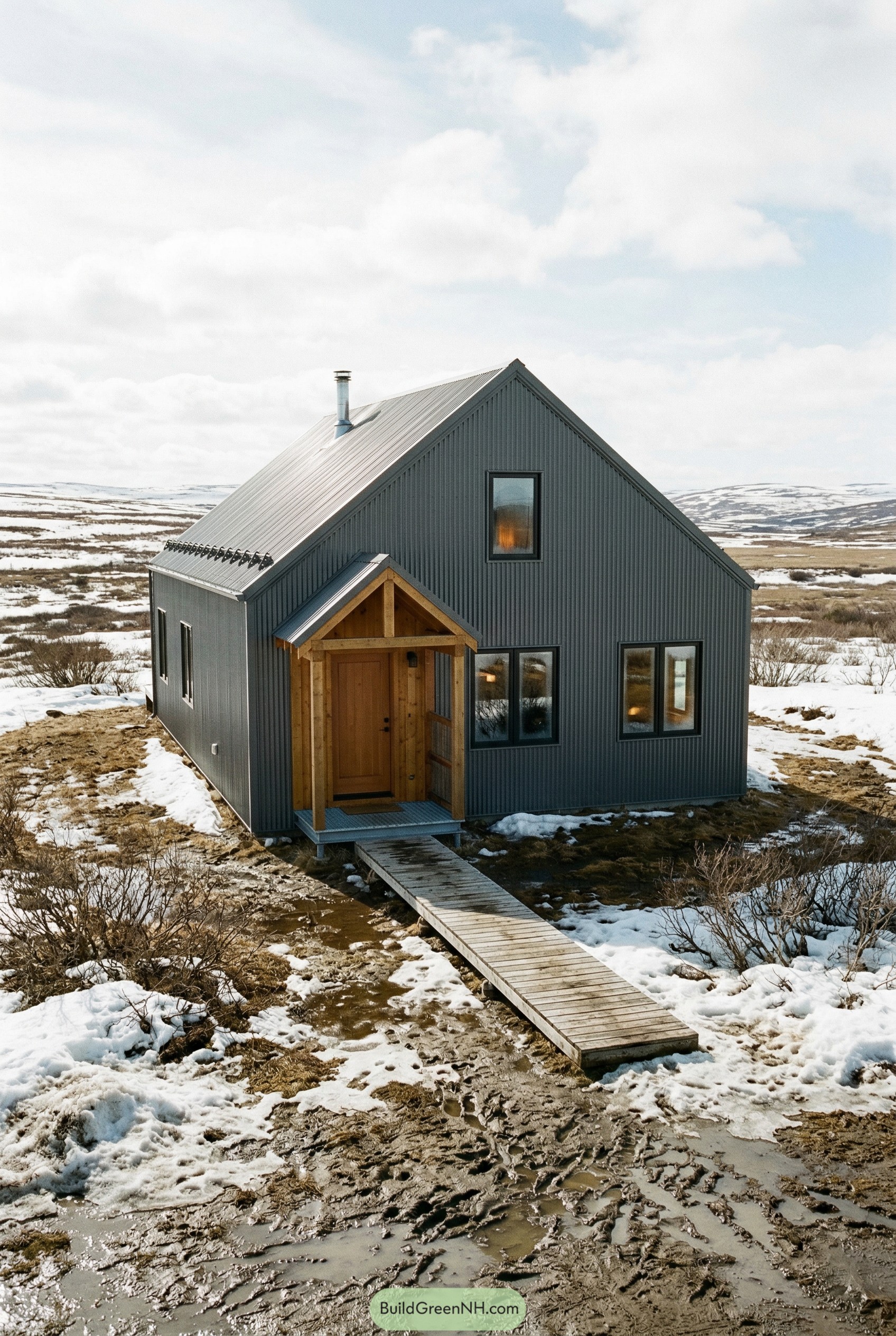 Dark metal gabled barndominium with timber porch in snowy tundra
