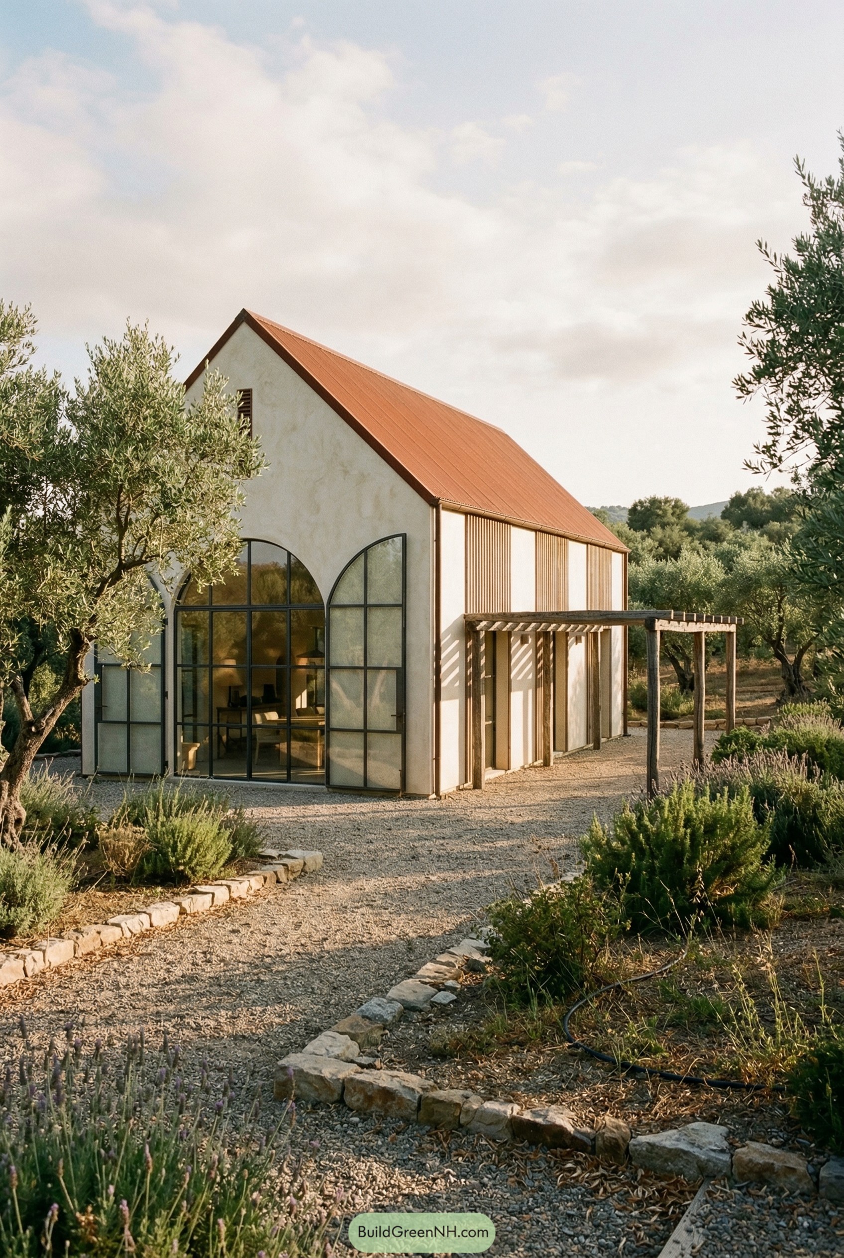 White stucco barn with arched glass facade and terracotta roof