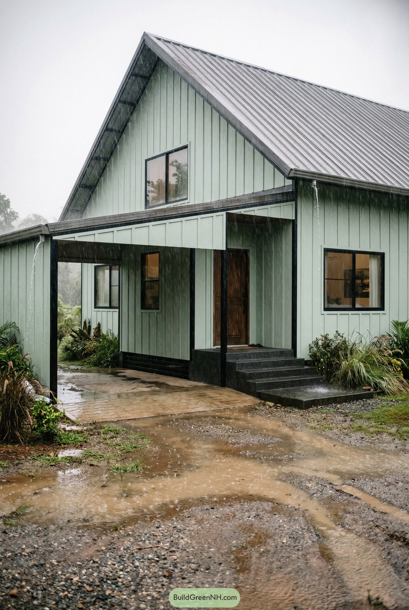 Sage green barndominium with covered entry in rain