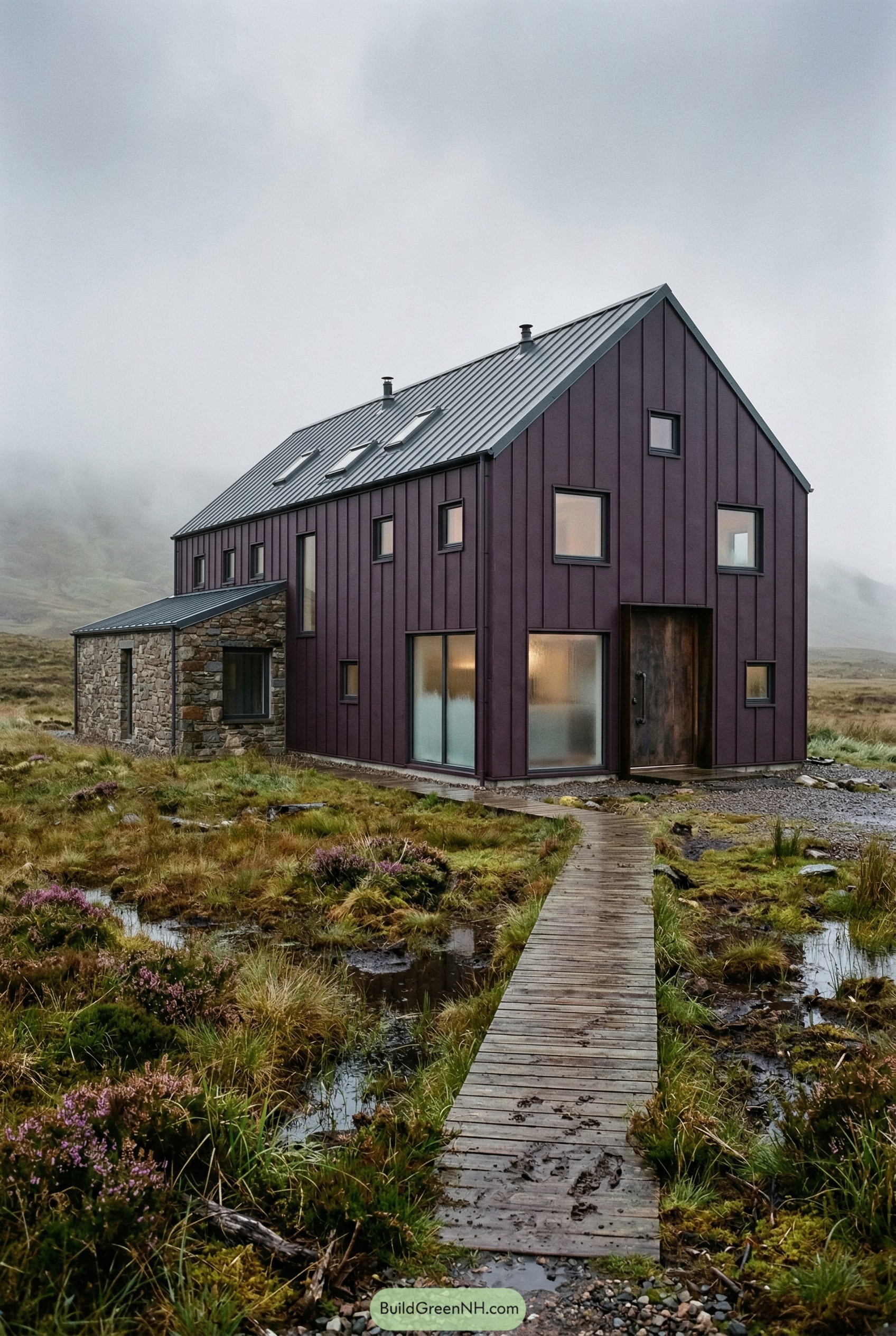 Dark purple barndominium with stone annex on moorland