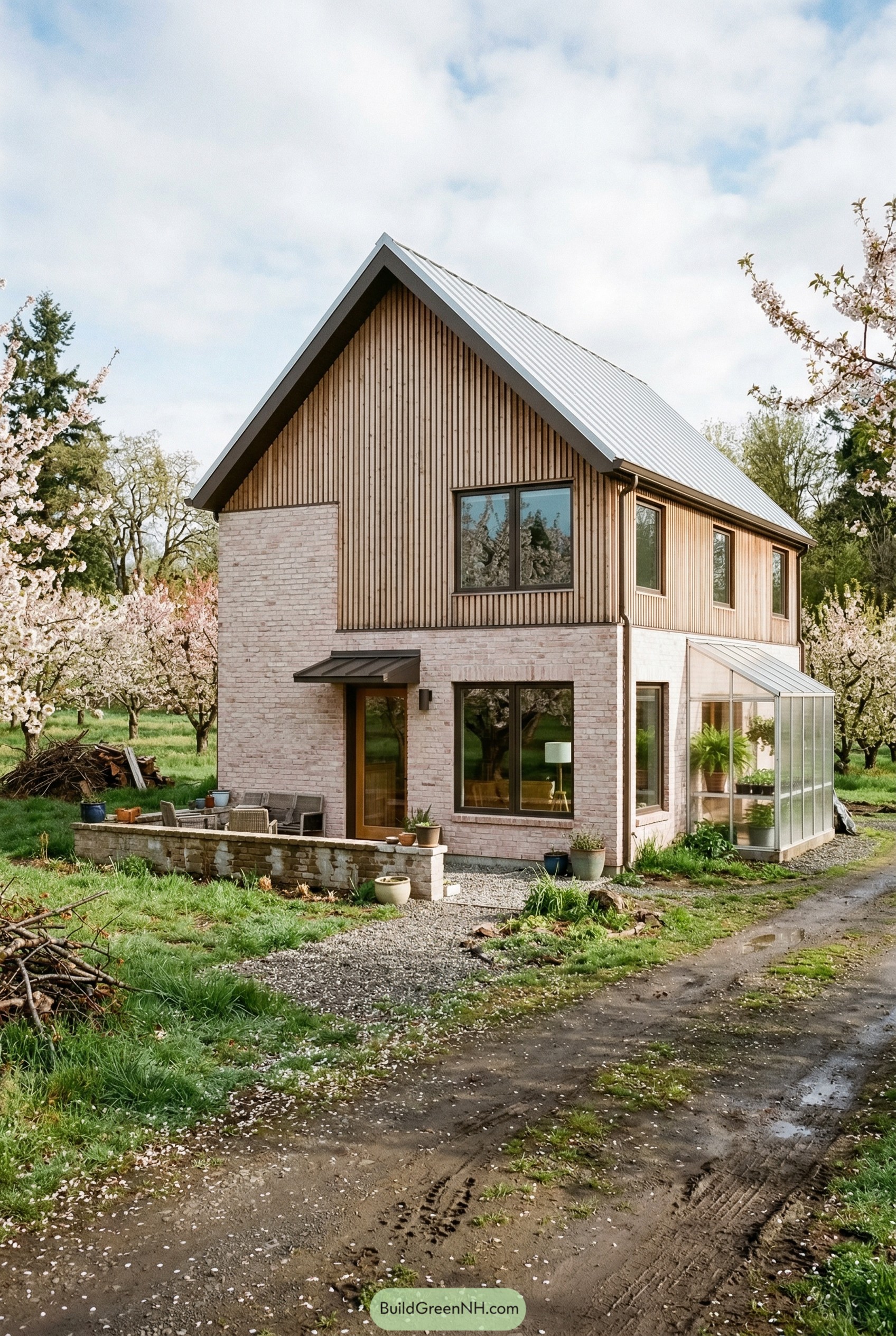 Modern barn home with brick base and greenhouse