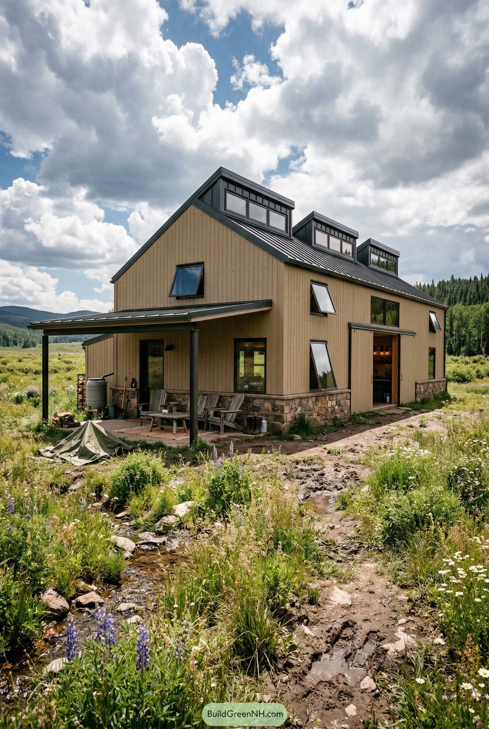 Modern beige barndominium with roof lanterns and stone base