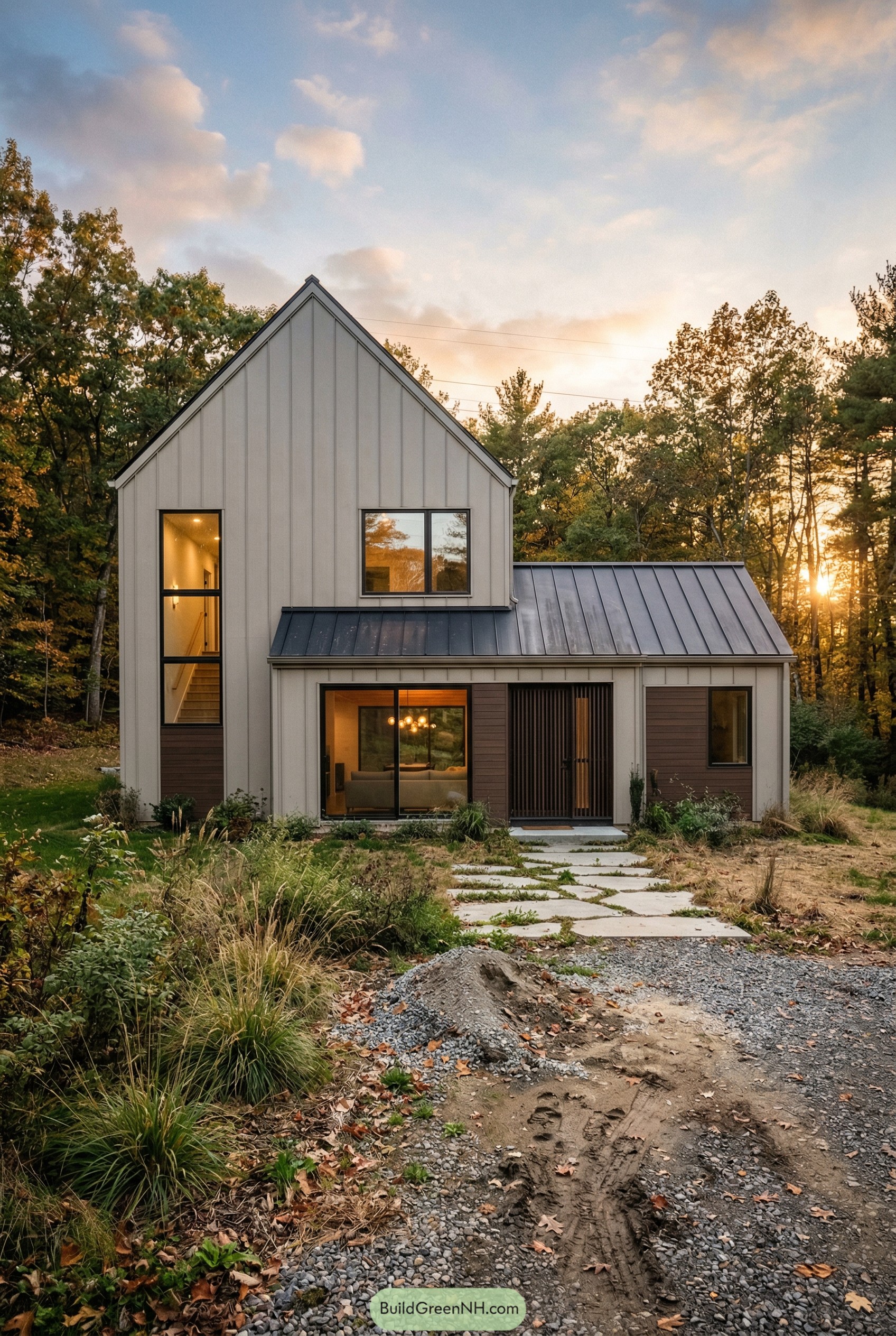 Modern cream barndominium with black metal roof in woods