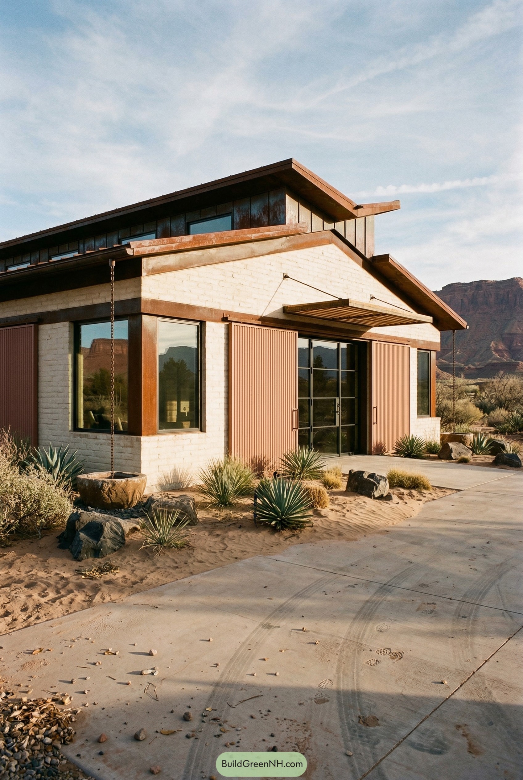 Modern desert barndominium with rust steel shutters
