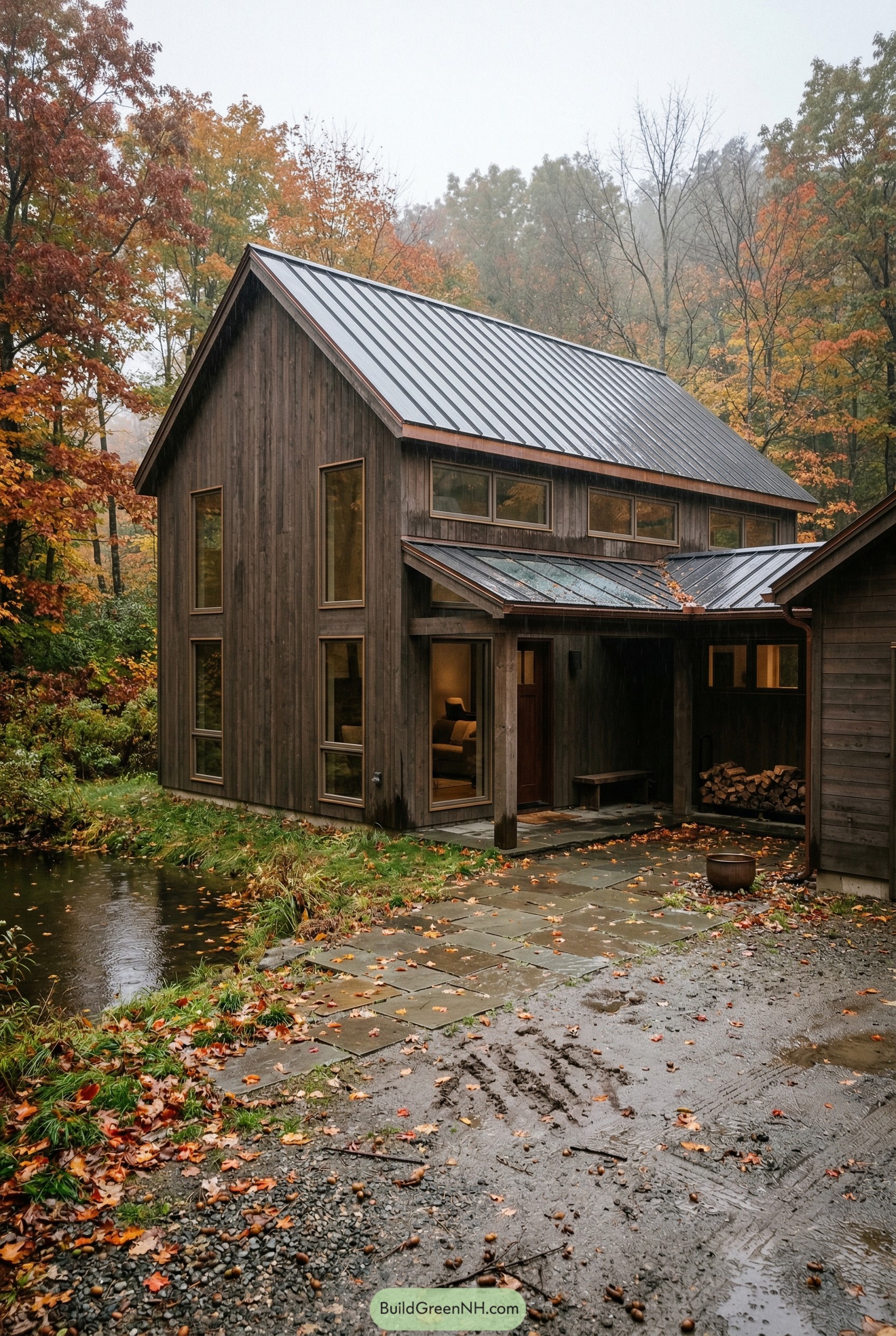 Dark wood barndominium with metal roof beside a pond