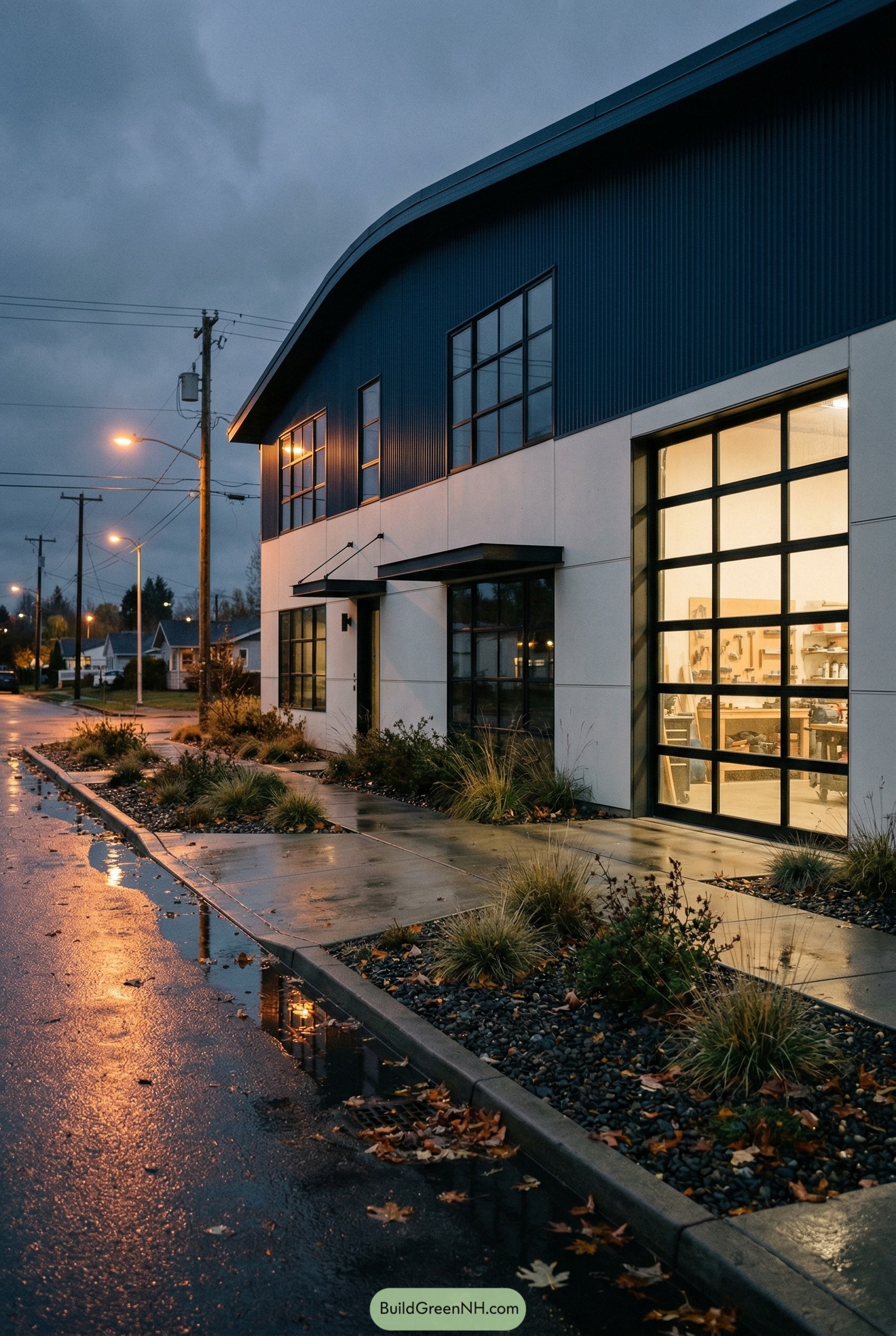 Blue modern barndominium with curved roof and glass garage door