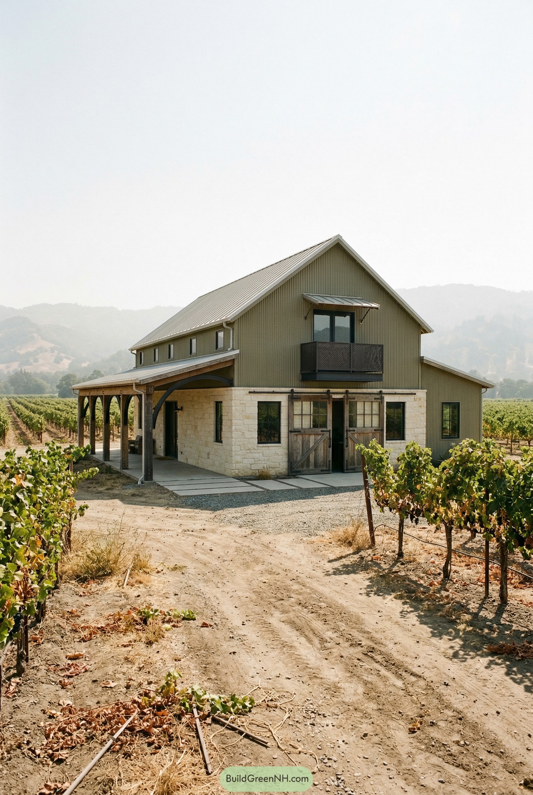 Modern barn home with stone base in a vineyard
