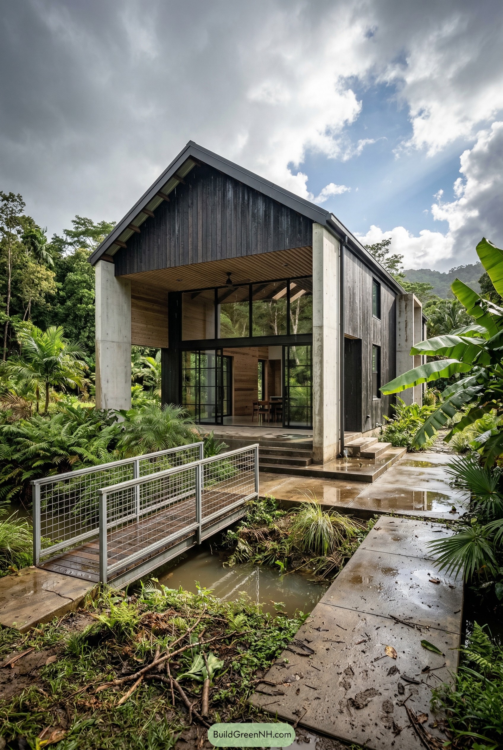 Modern dark timber barndominium with concrete columns and a small bridge over water