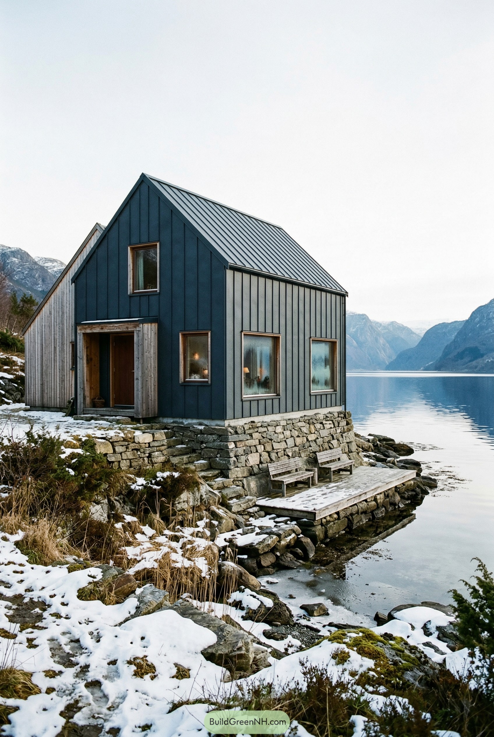 Dark metal clad house on a snowy fjord shore