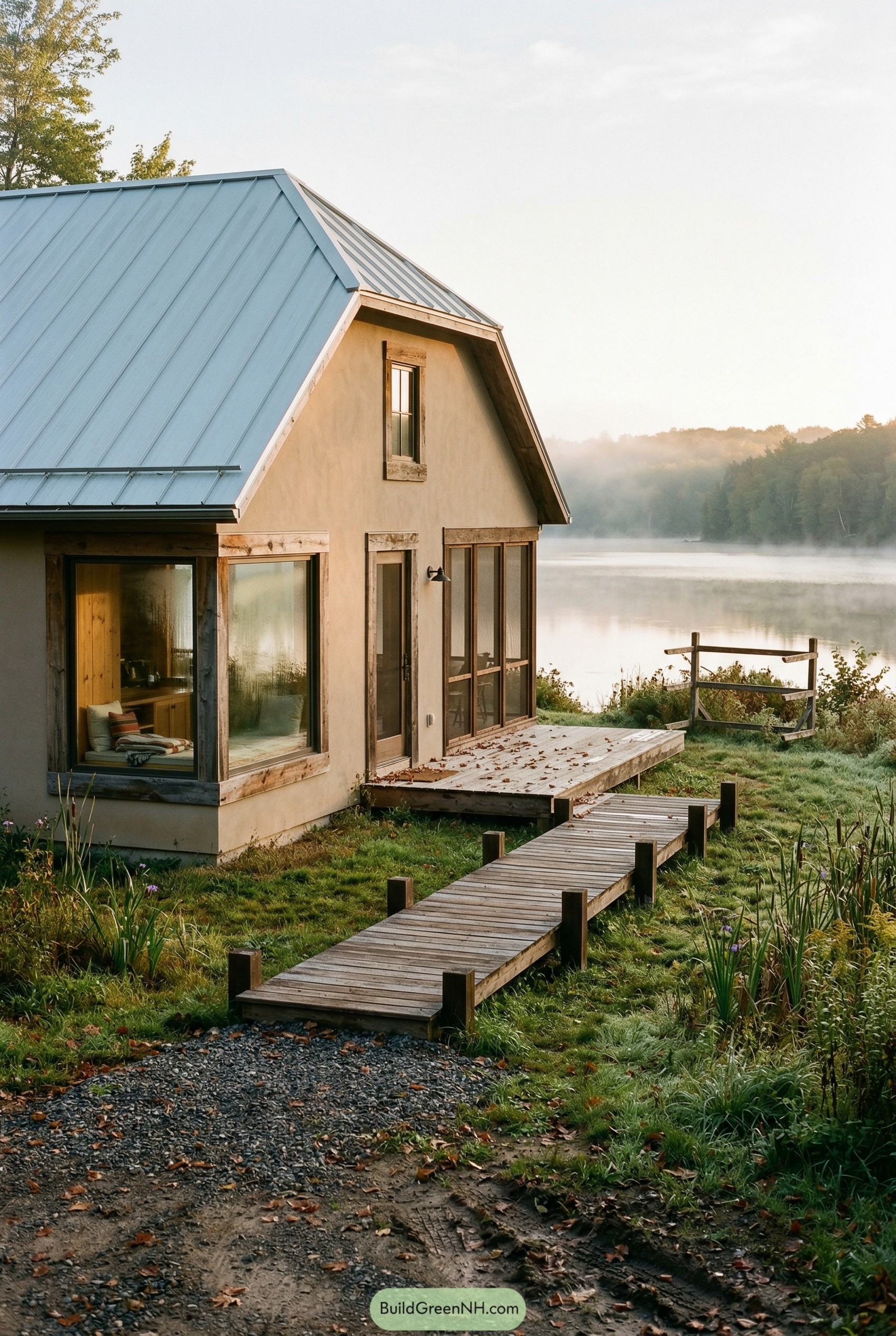 Lakeside barn home with blue metal roof