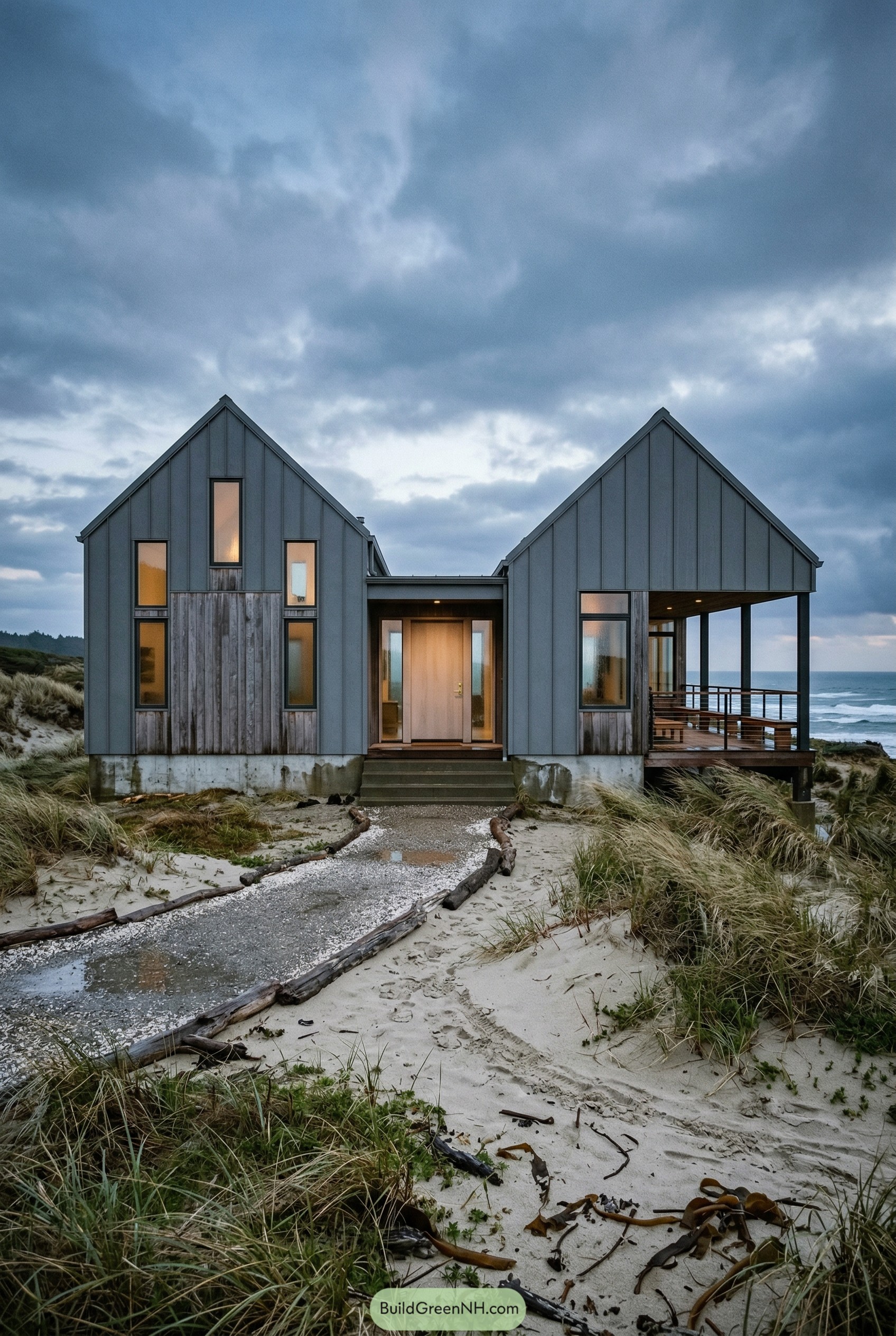 Gray twin gable barndominium on sandy dunes