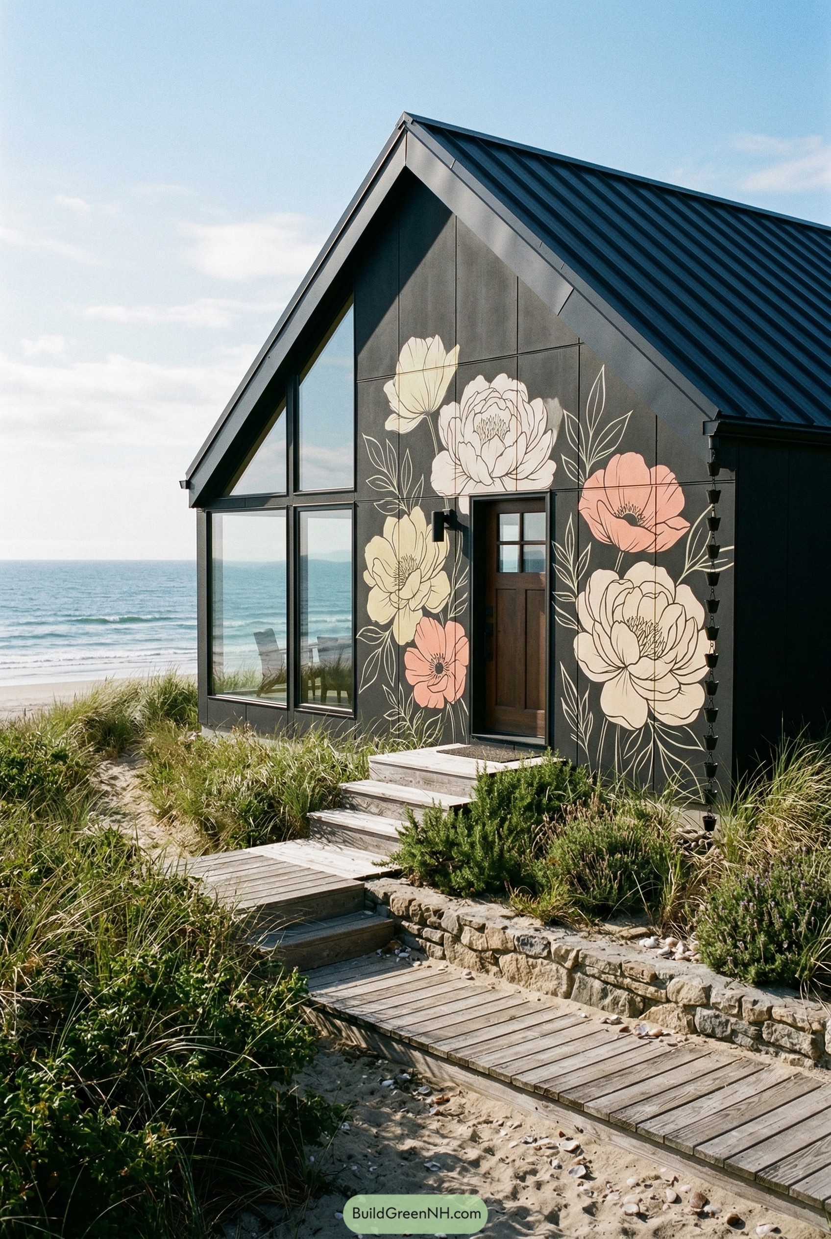Black seaside cottage with floral facade mural