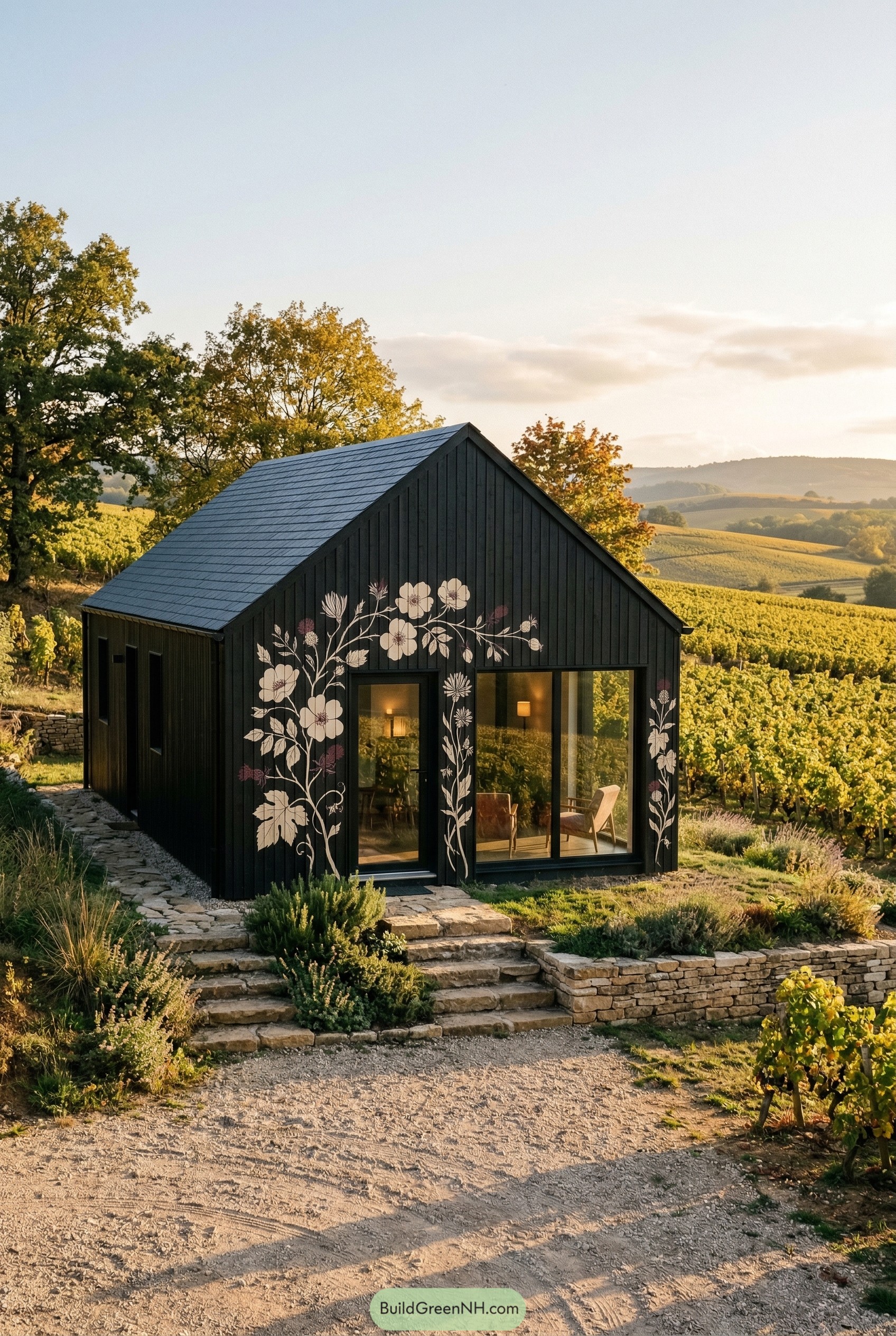 Modern Black Cottages With Front Wall Mural Flower Drawings On Facades