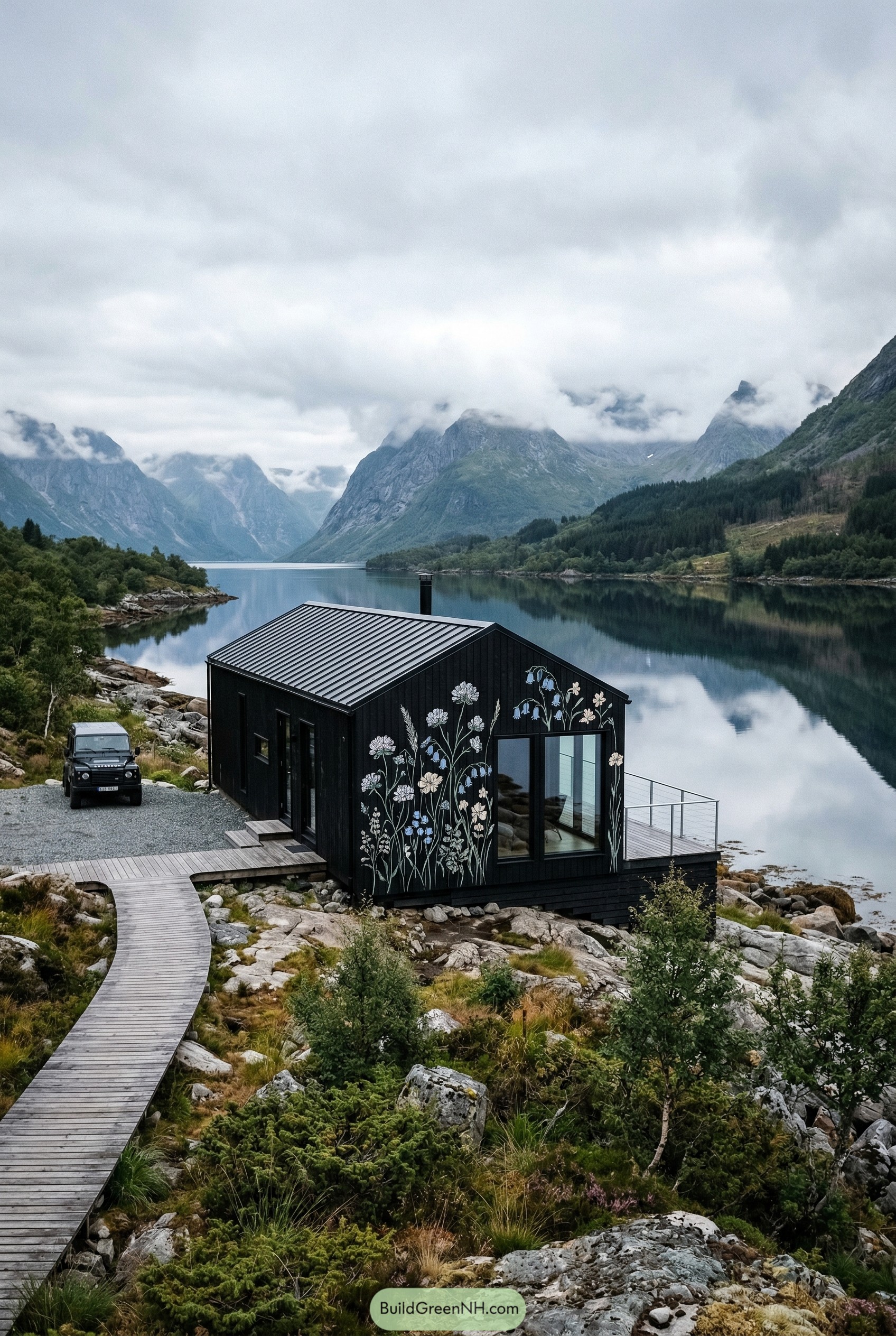 Black lakeside cottage with floral facade mural