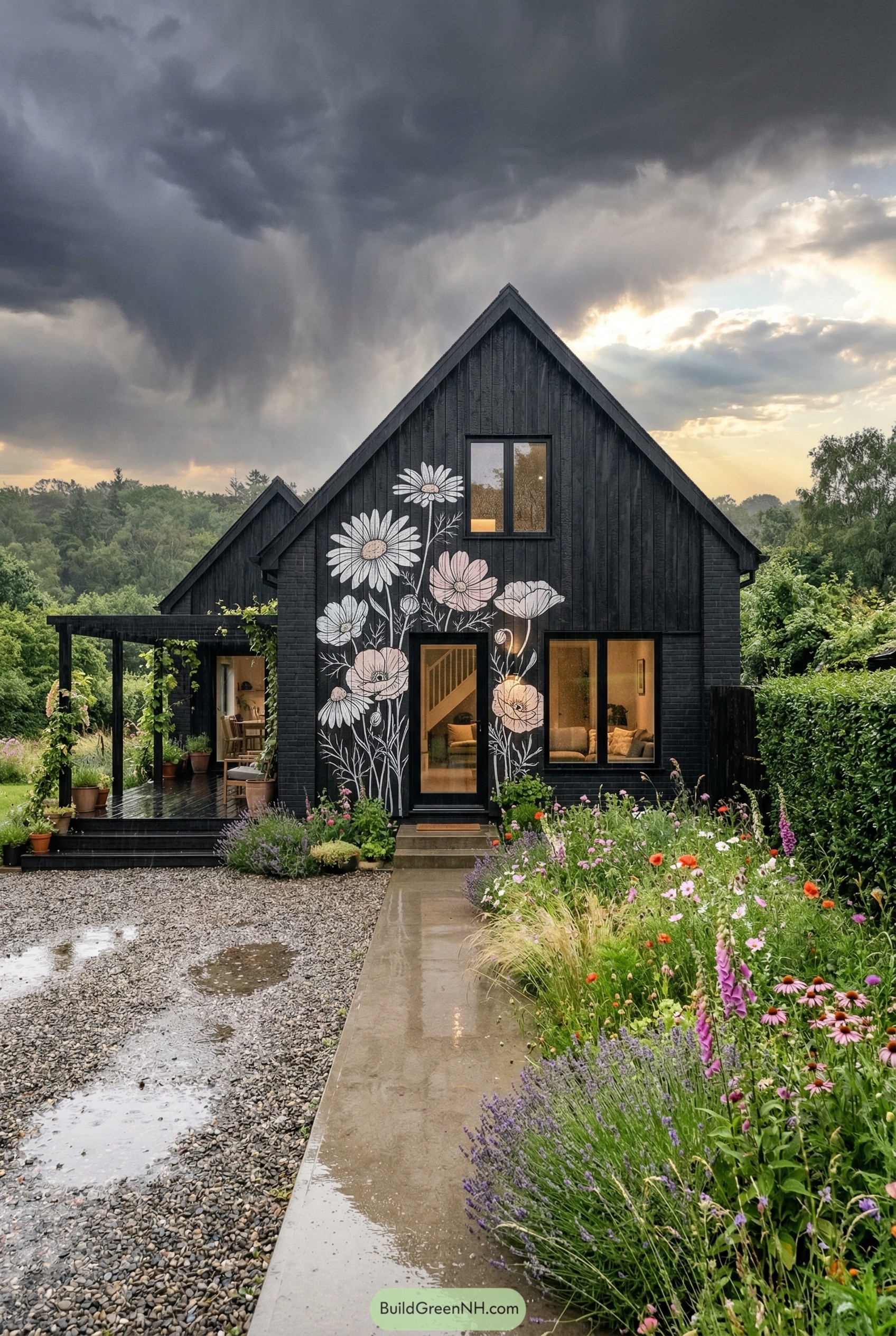 Black gabled cottage with floral facade mural