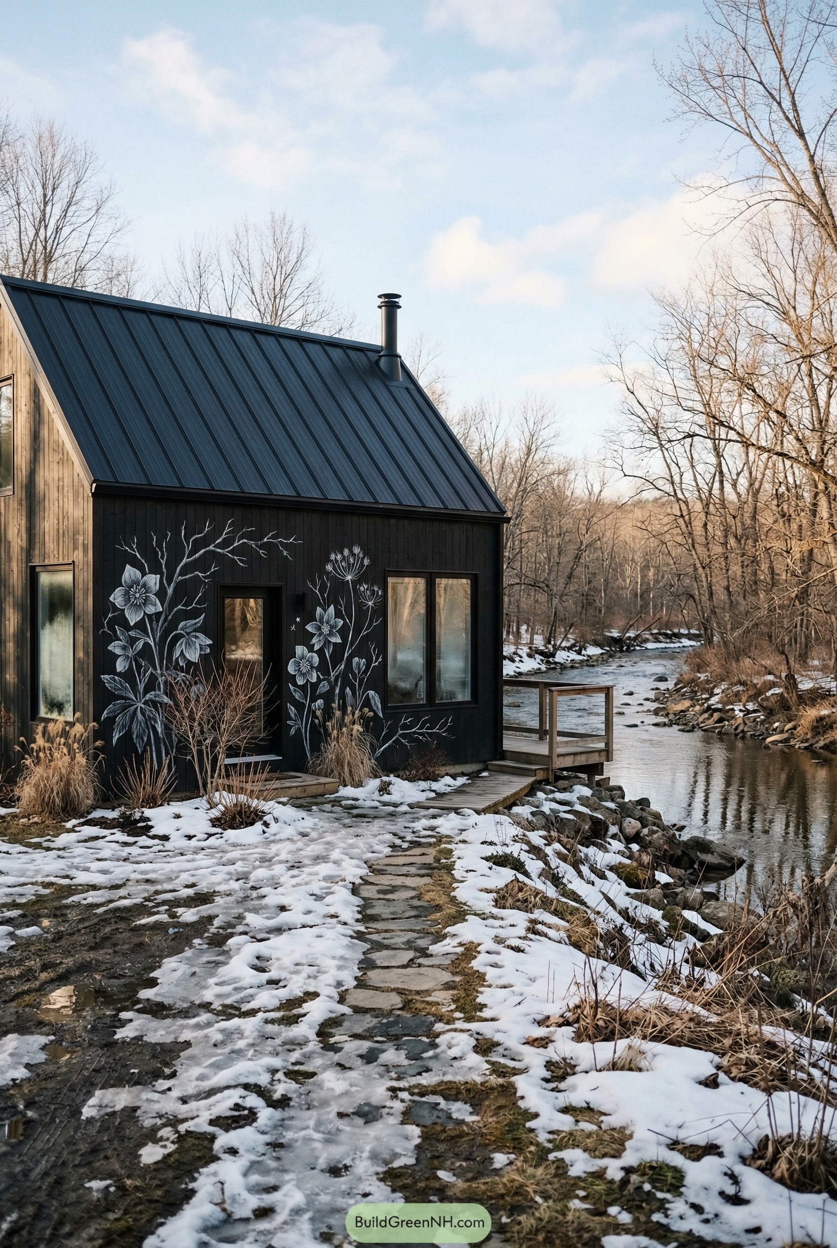 Black cottage with white floral mural by a creek