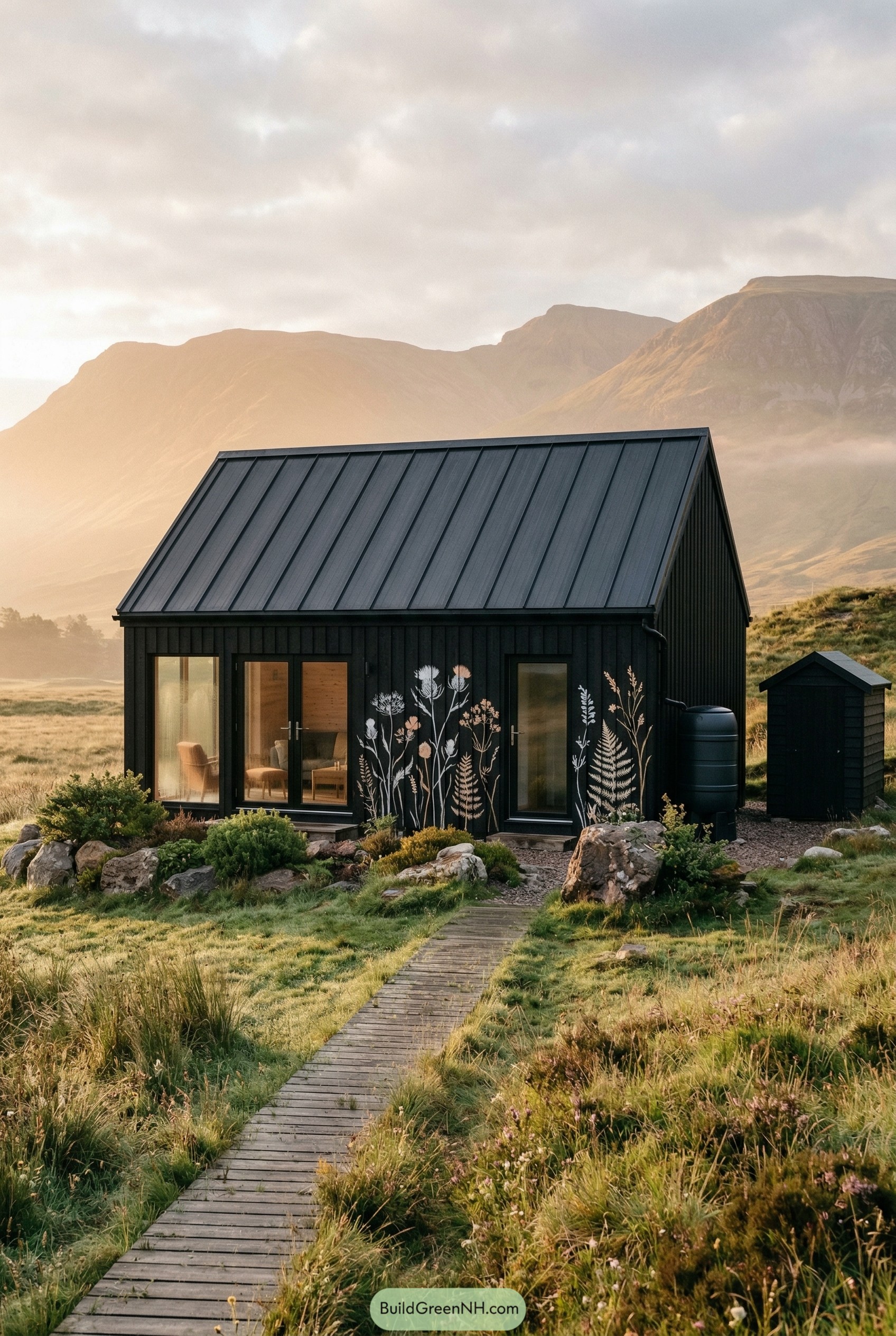 Black cottage with fern mural facade