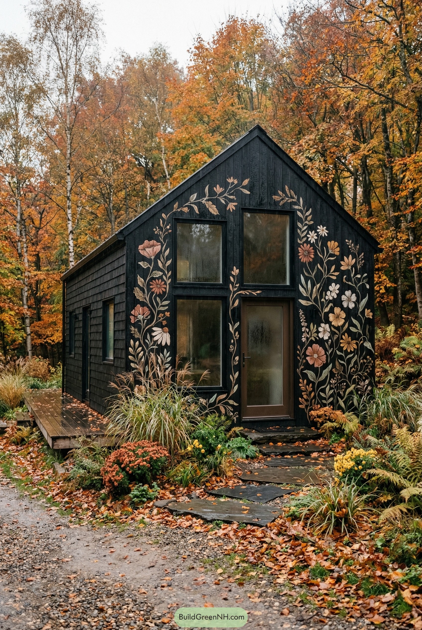 Black cottage with floral mural in autumn woods