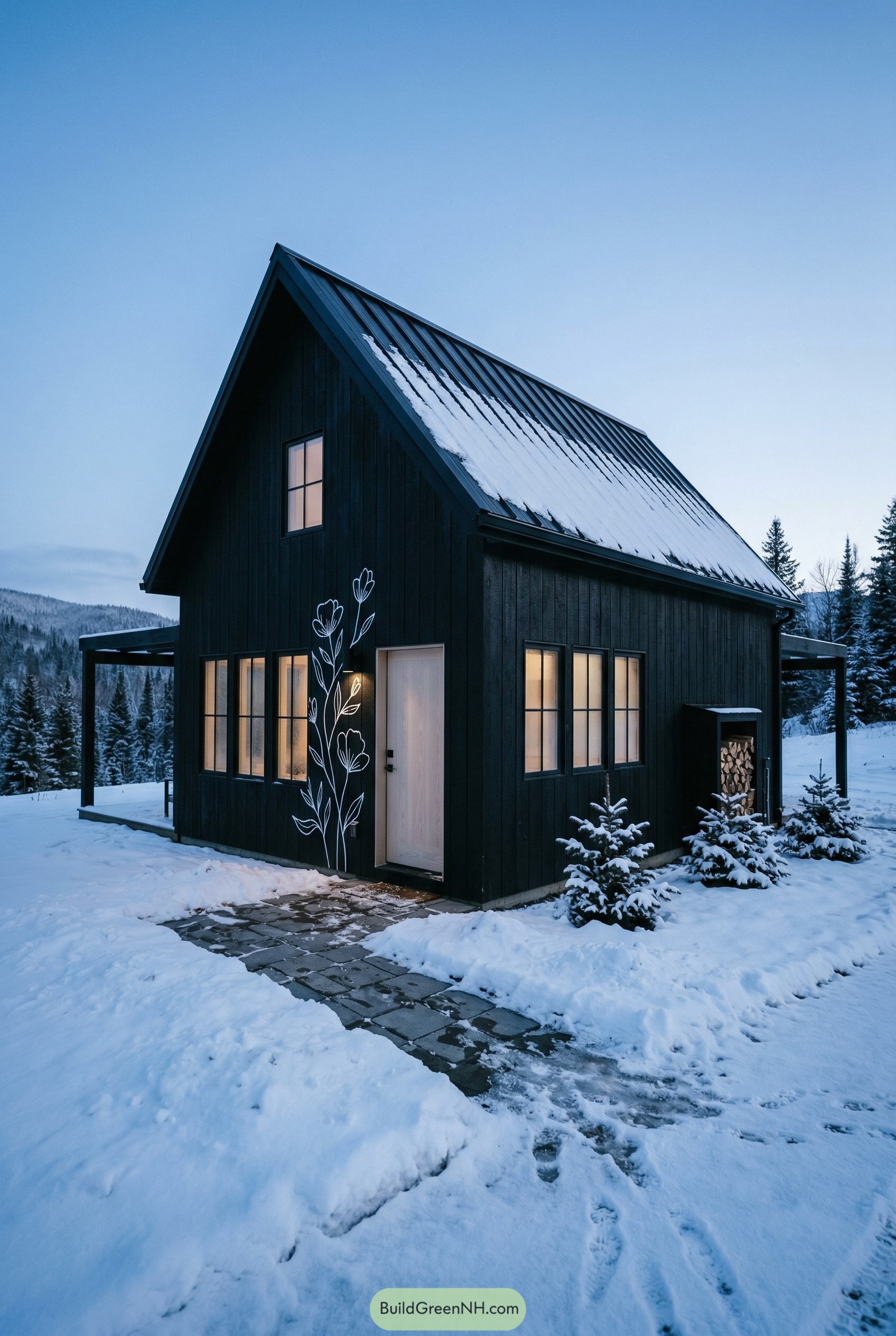 Black cottage with floral facade mural in snow