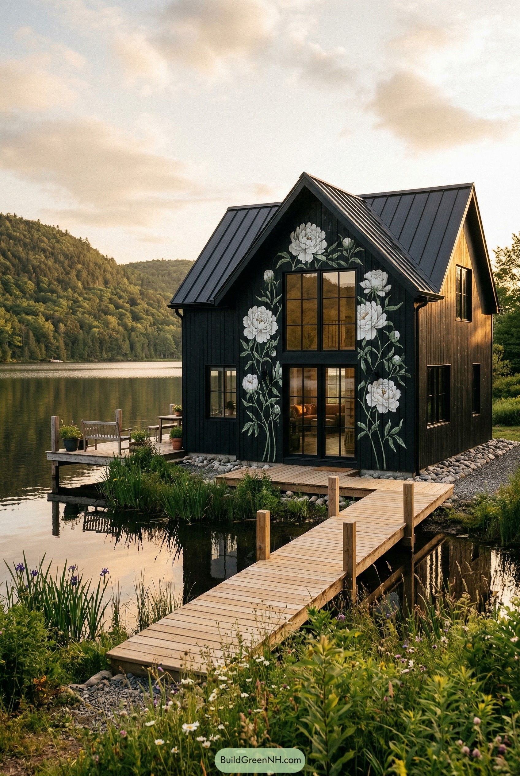 Black lakeside cottage with white peony mural