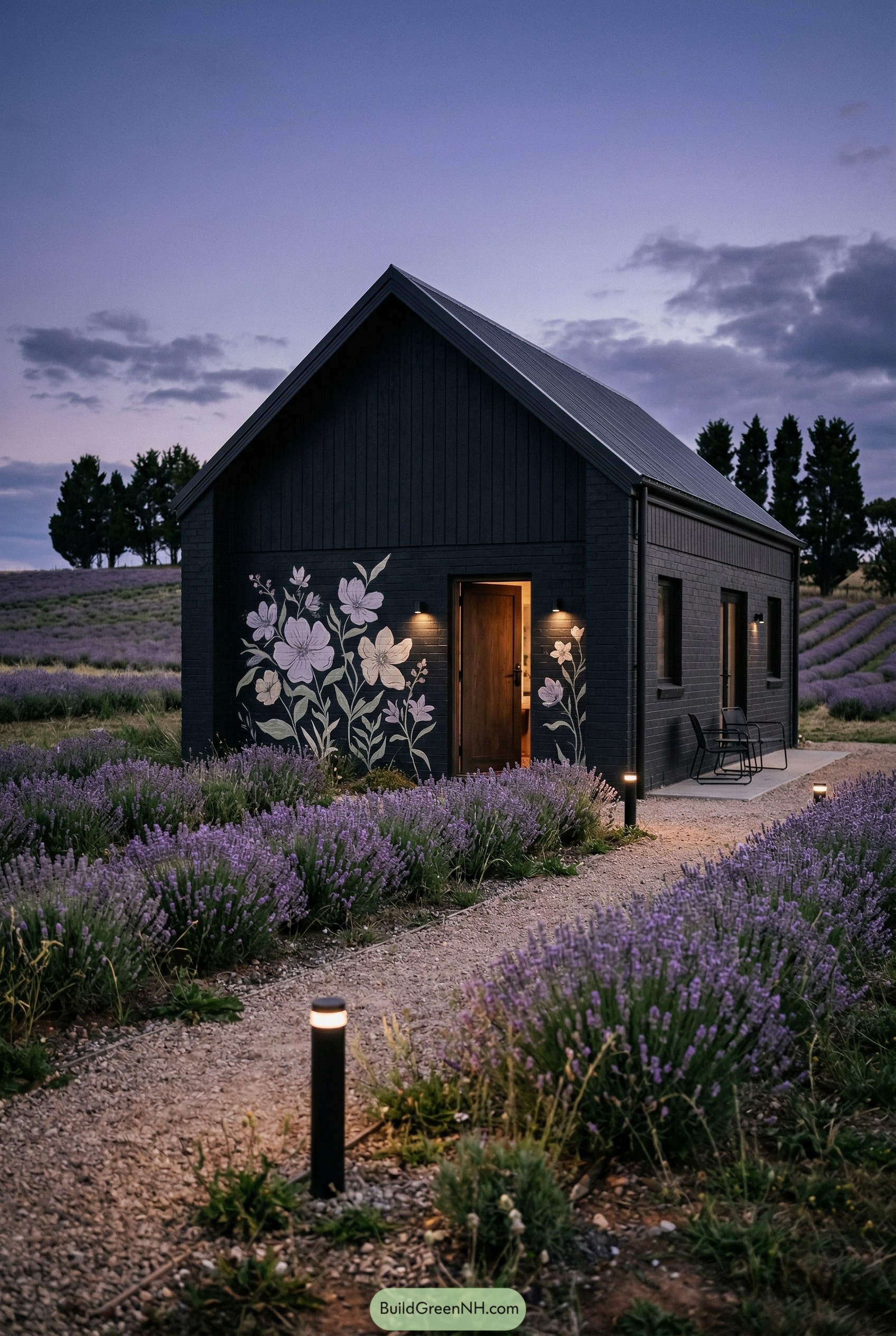 Black cottage with floral mural in lavender field
