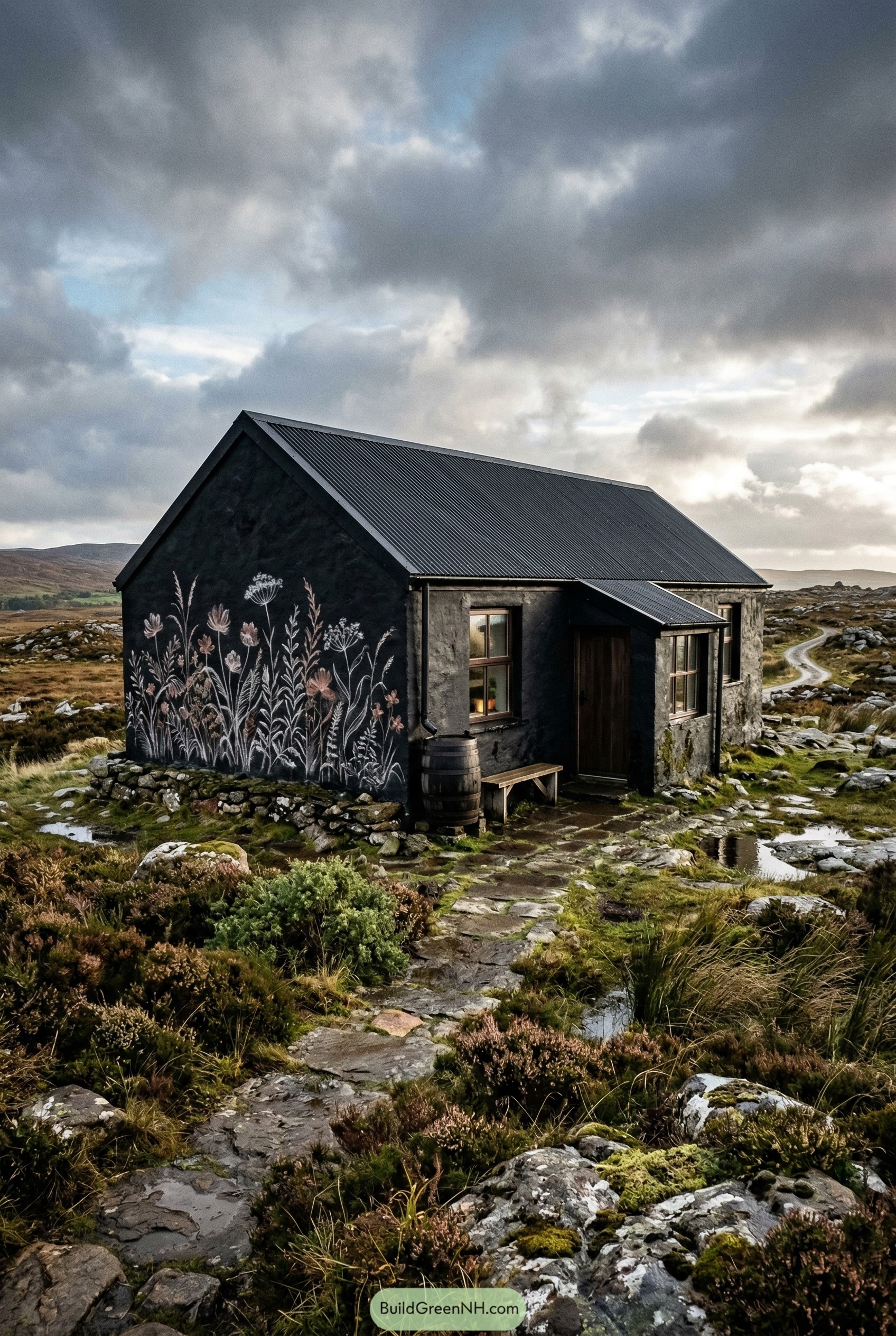 Black cottage with floral gable mural