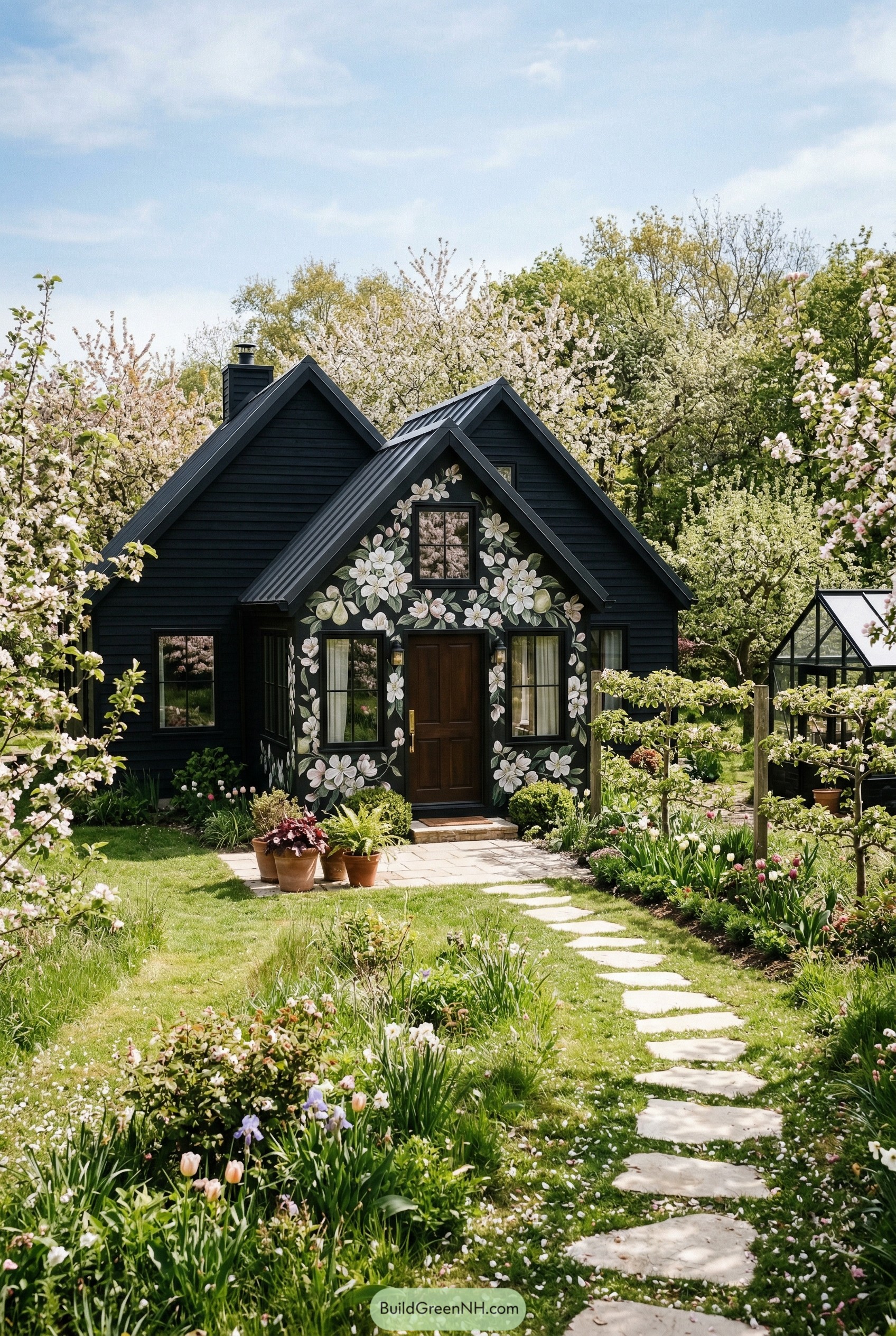 Black cottage with white floral mural facade
