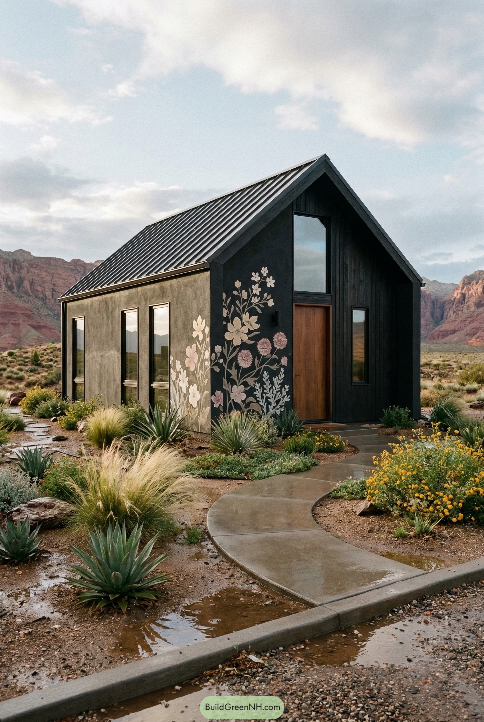 Black cottage with floral facade mural