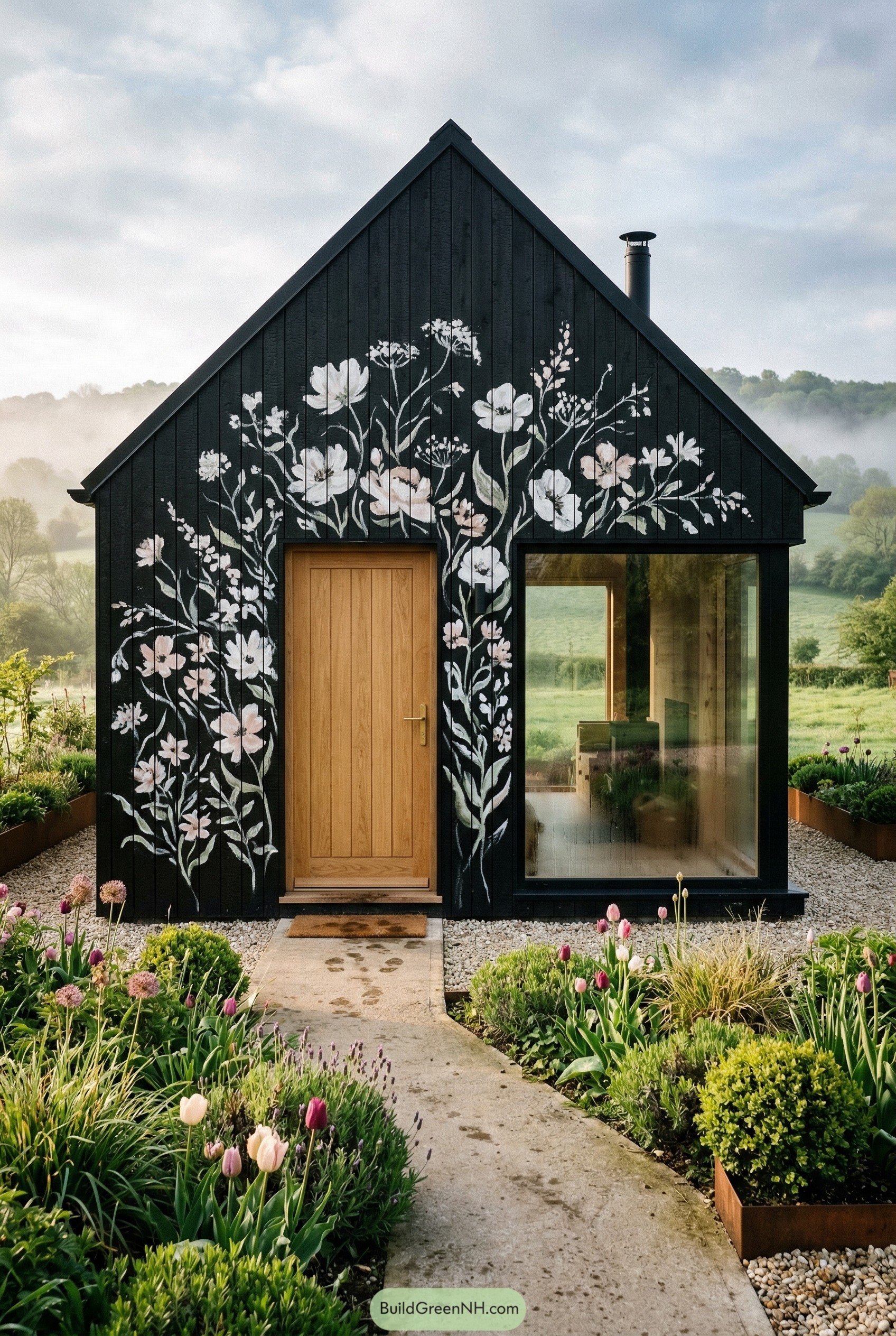 Black cottage with white floral facade mural