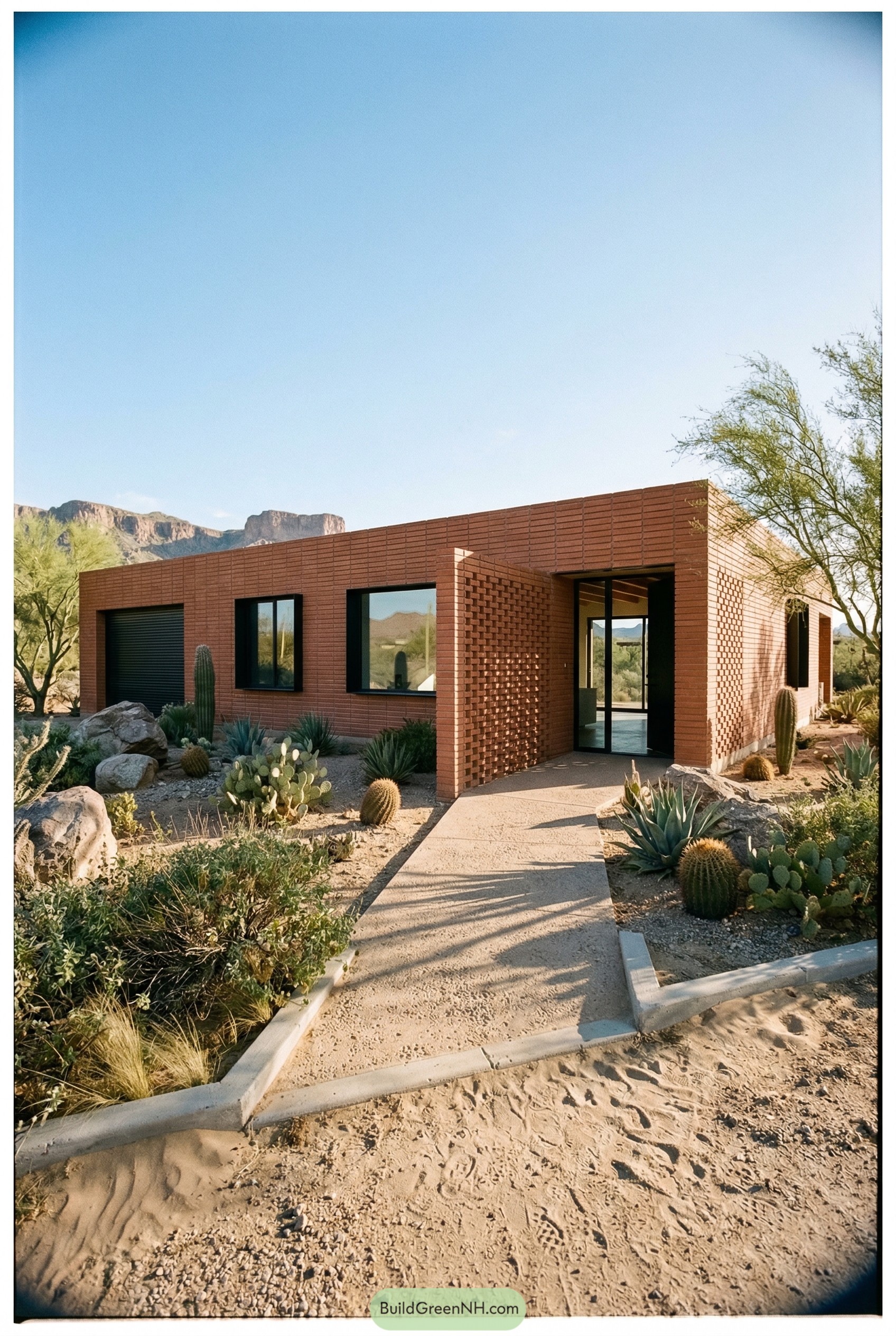 Modern red brick ranch with screened entry in desert