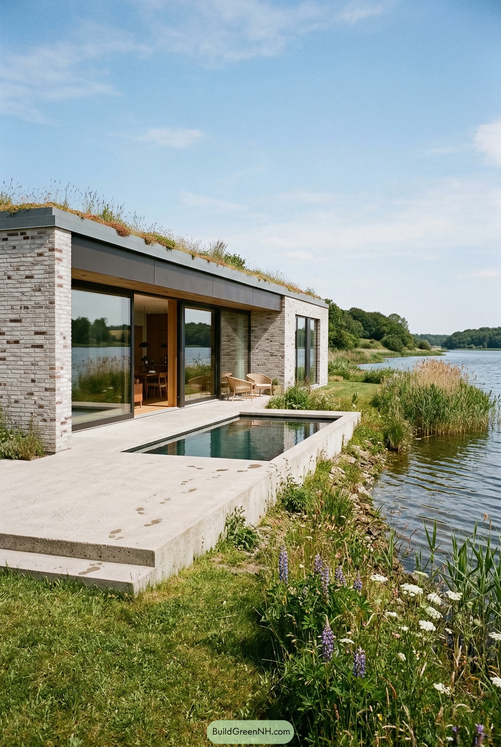 Low brick ranch with green roof beside a lake