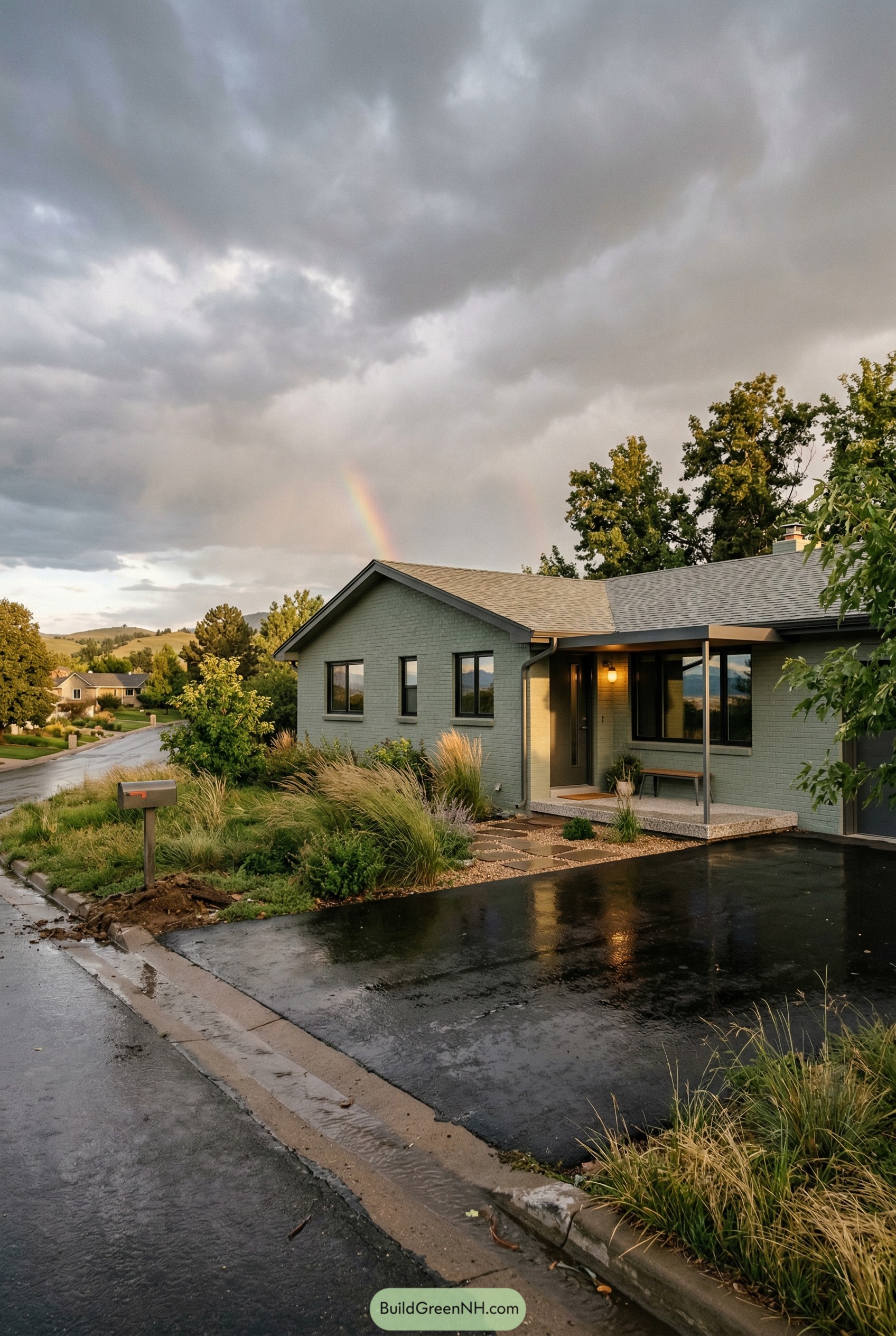 Sage painted brick ranch with covered porch