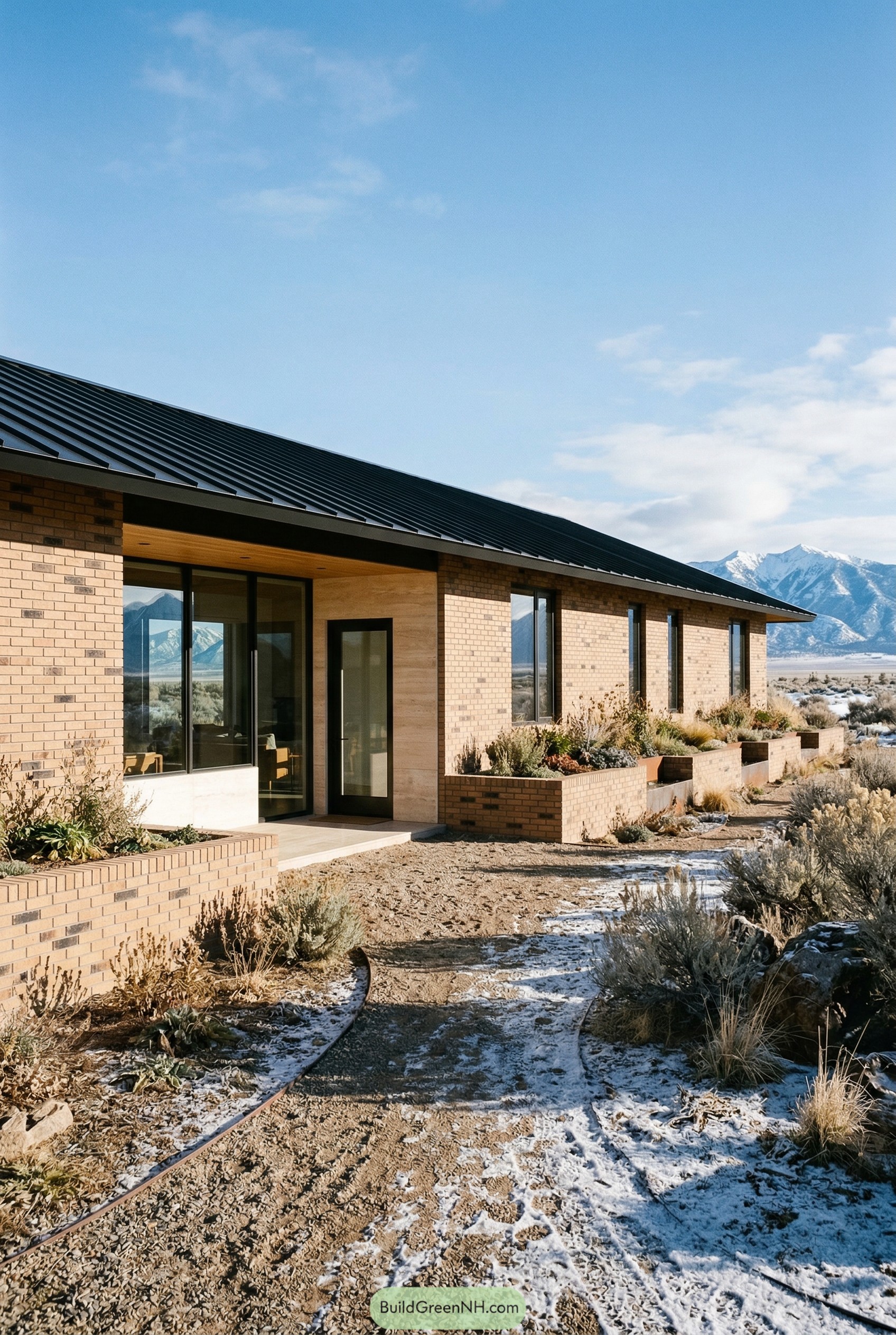 Long tan brick ranch with black roof in snowy desert
